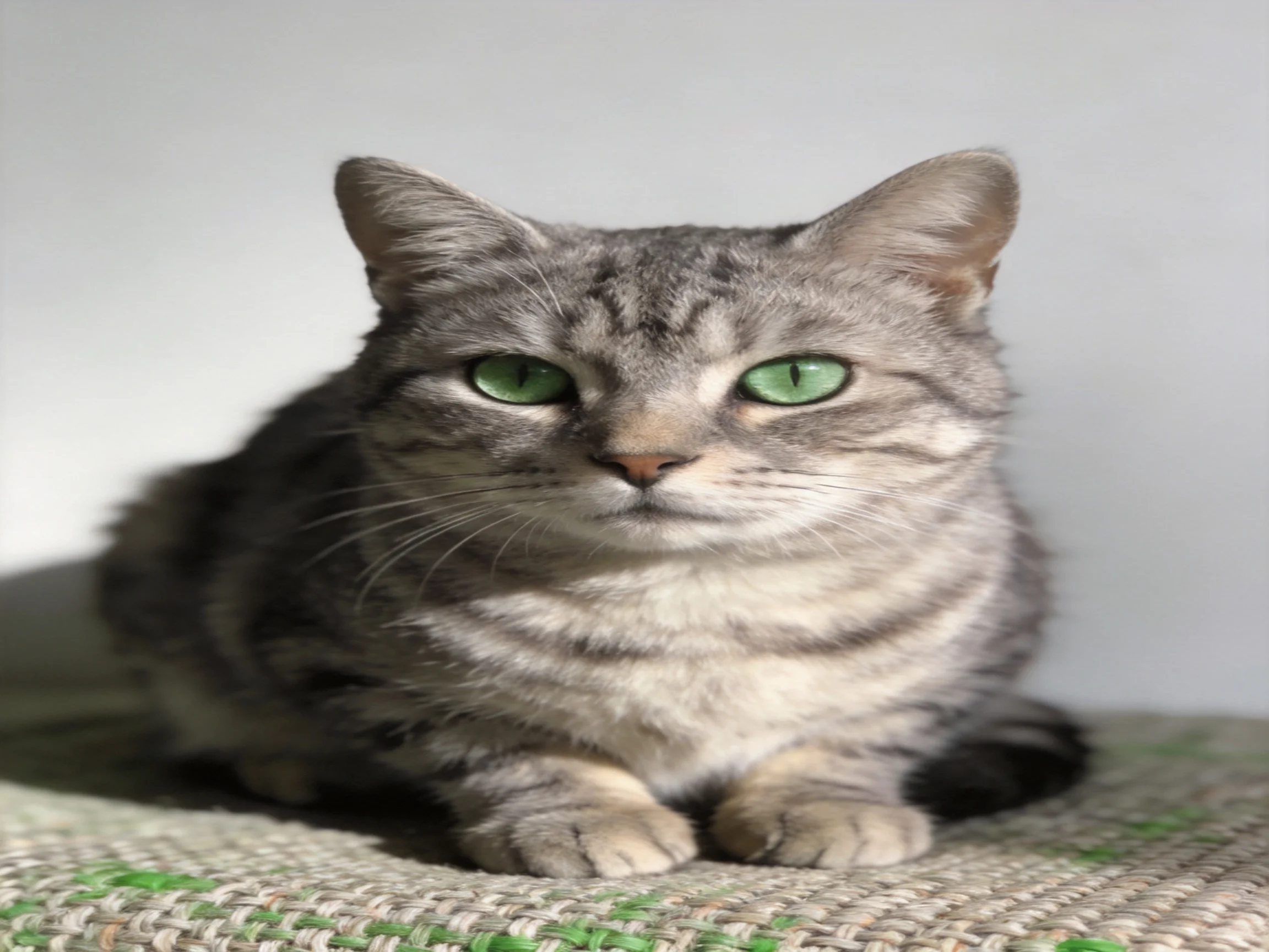 A gray tabby cat with green eyes sits calmly on a textured fabric