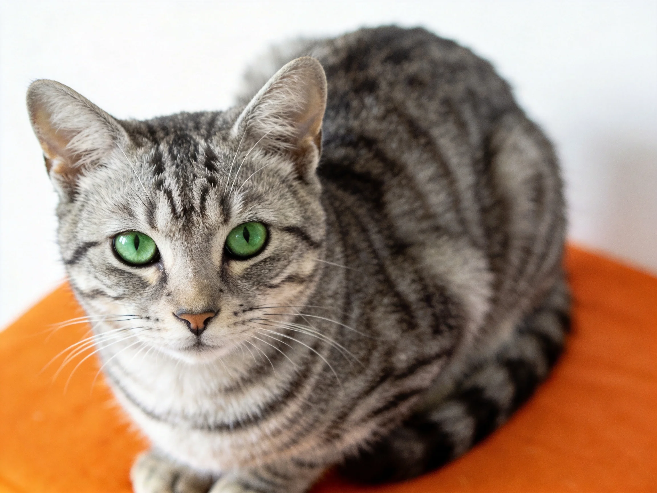 A gray tabby cat with green eyes sits calmly on an orange cushion.