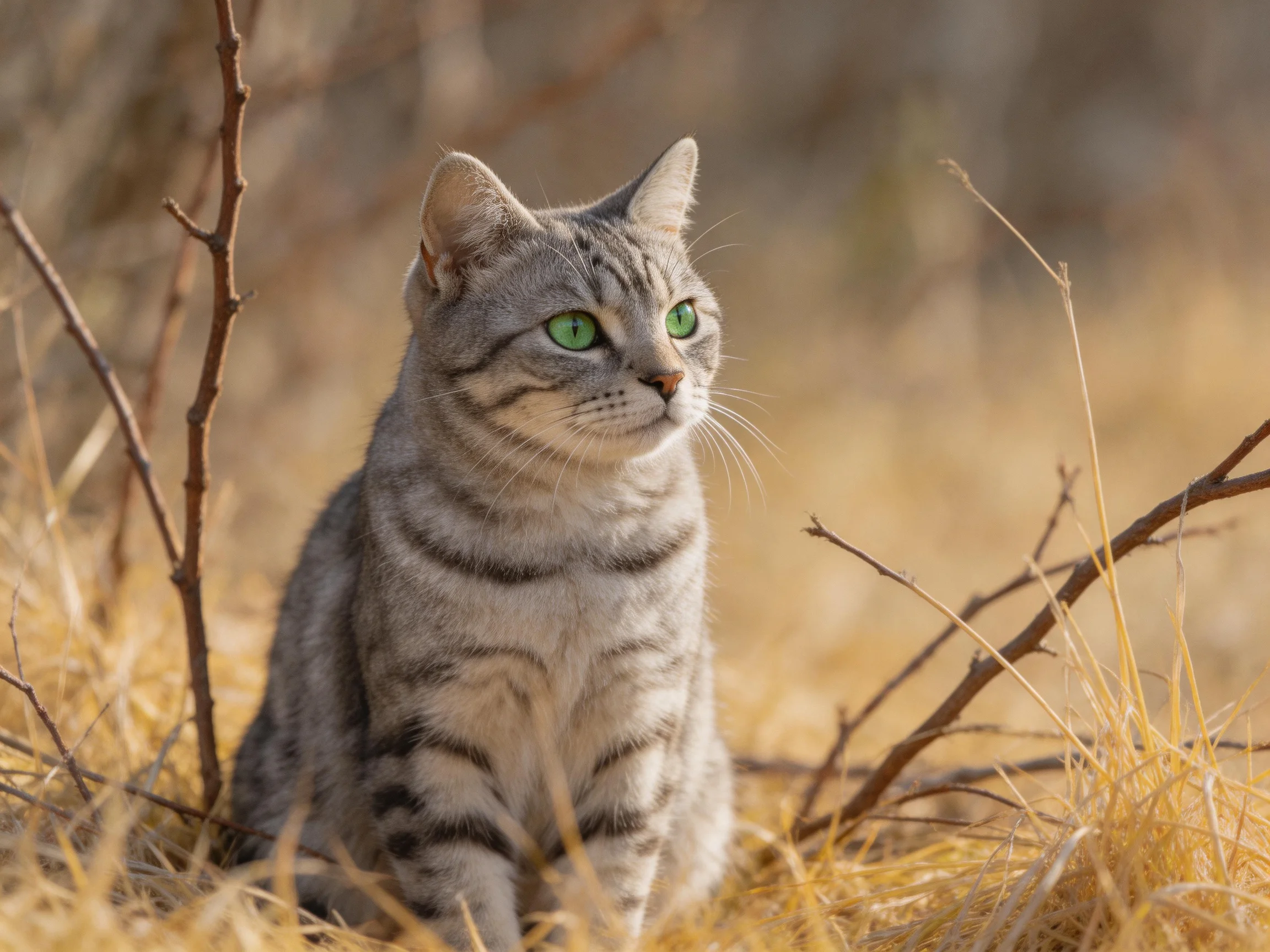 A gray tabby cat with green eyes sits in a field of dry grass and twigs