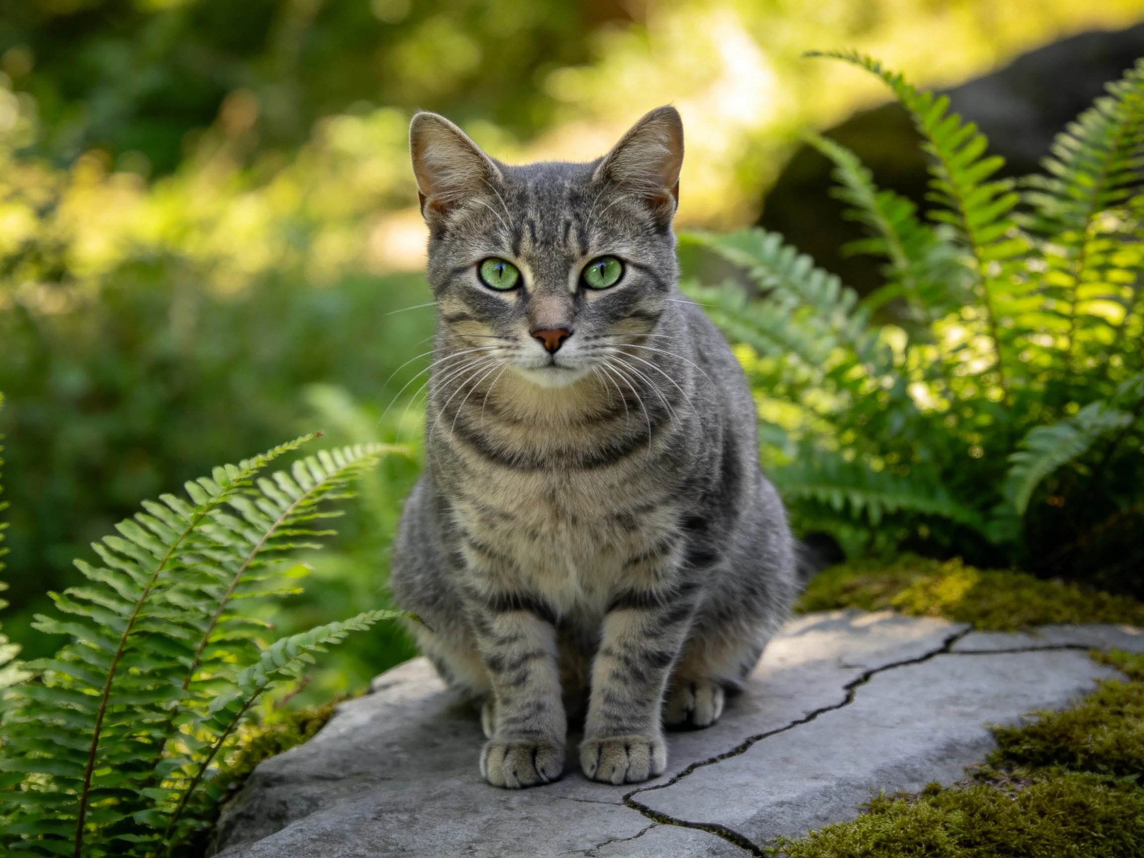 A gray tabby cat with green eyes sits on a mossy rock near ferns