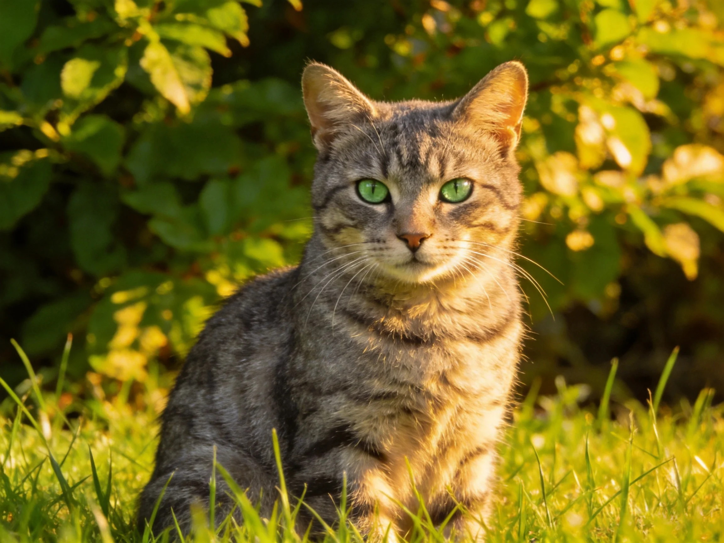 A gray tabby cat with bright green eyes sits peacefully in sunlit grass.
