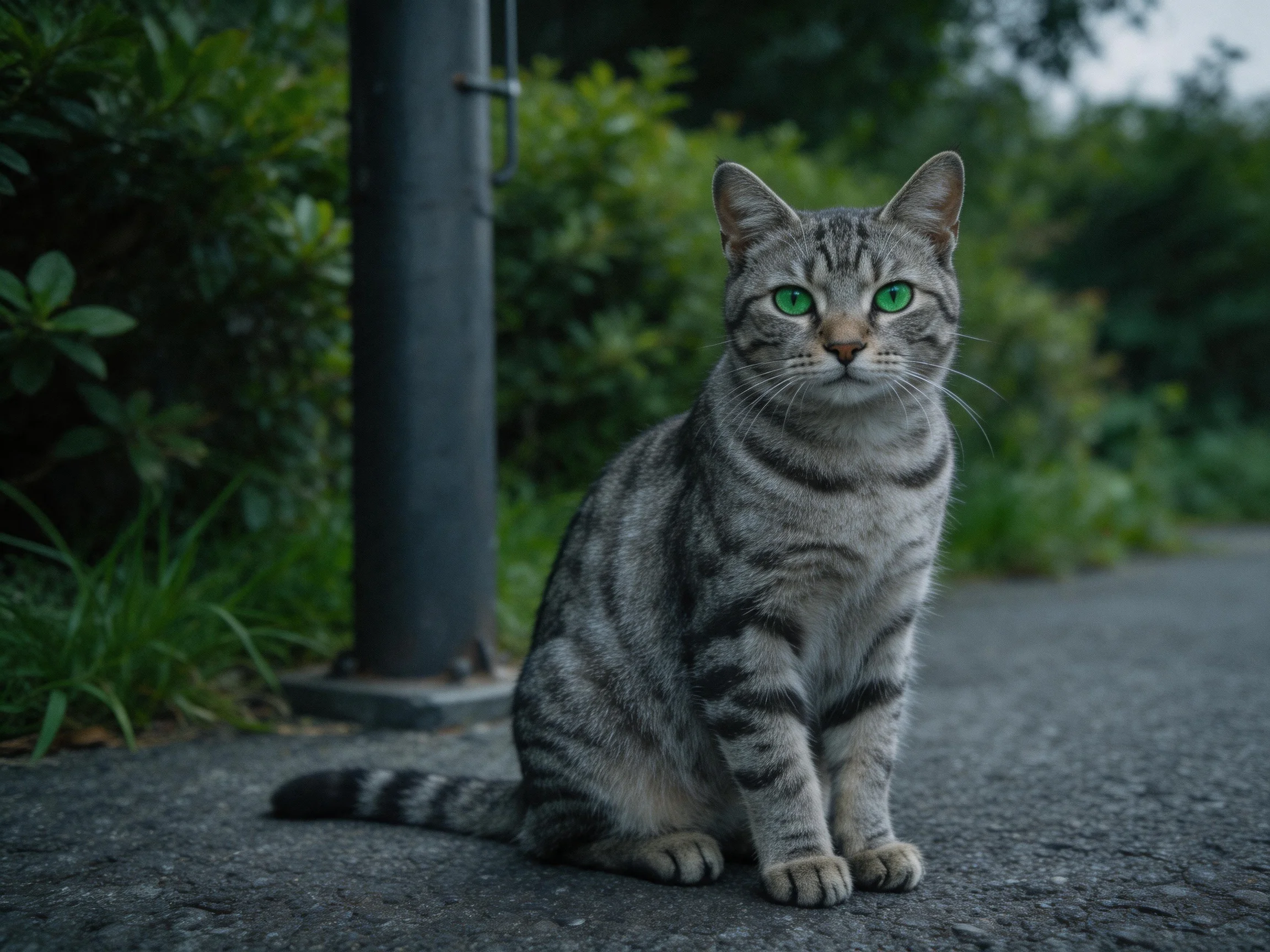 A gray tabby cat with green eyes sits on pavement near bushes