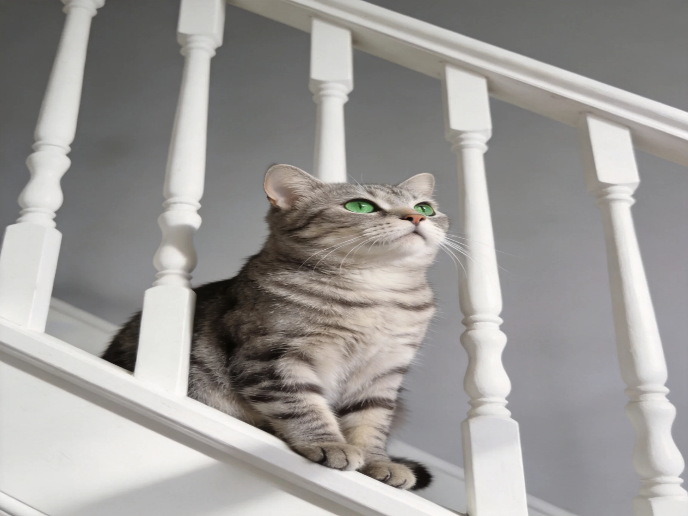 A gray tabby cat with green eyes sits near white stair railings.