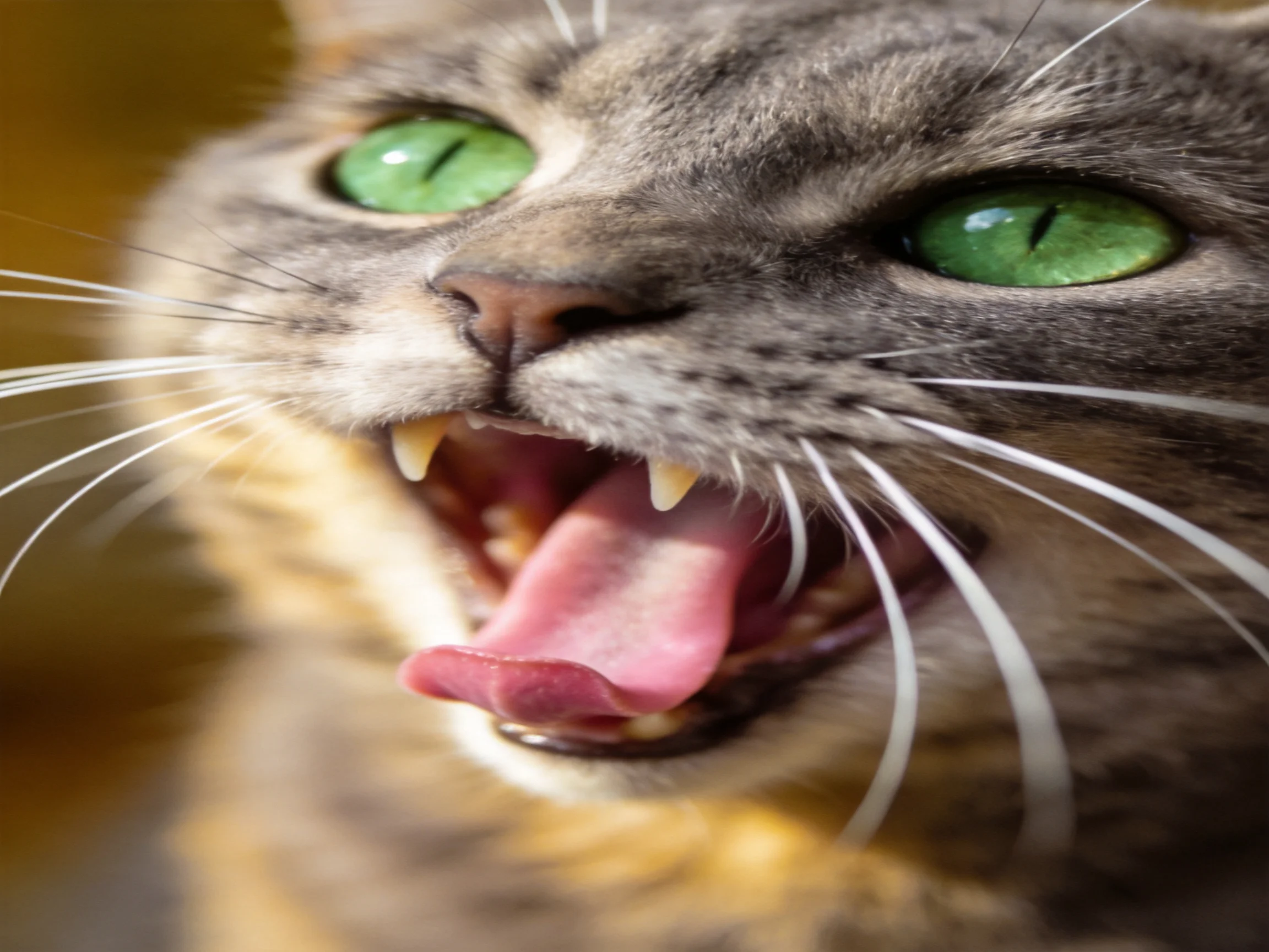 A close - up of a gray tabby cat yawning, showing teeth and tongue.