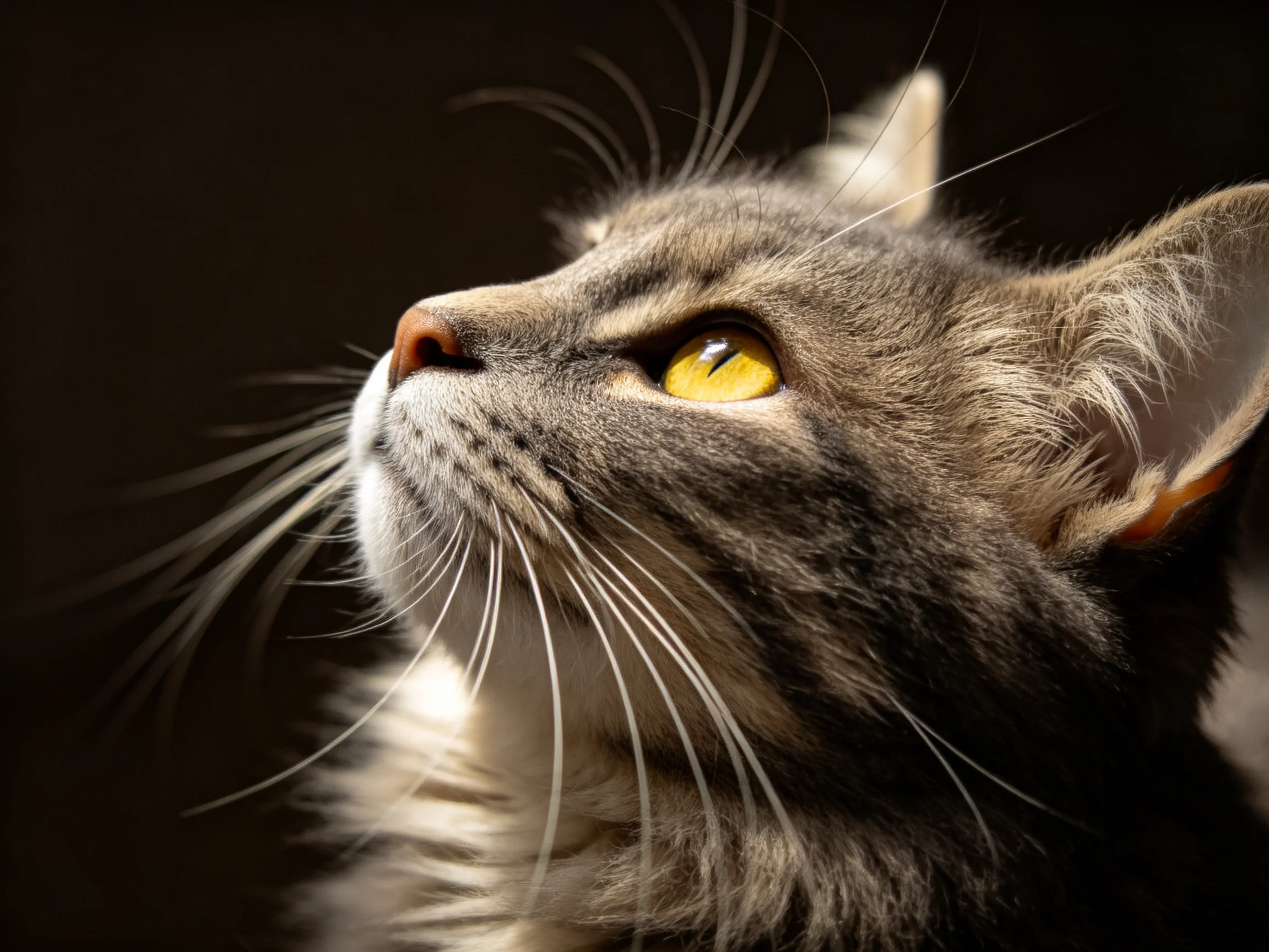 A gray tabby cat with bright yellow eyes looks upward against a dark background.