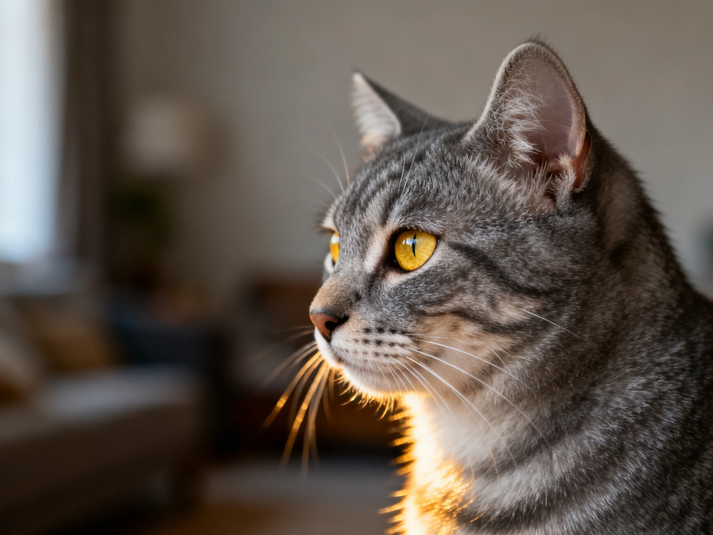 A gray tabby cat gazes thoughtfully in a softly lit interior space.