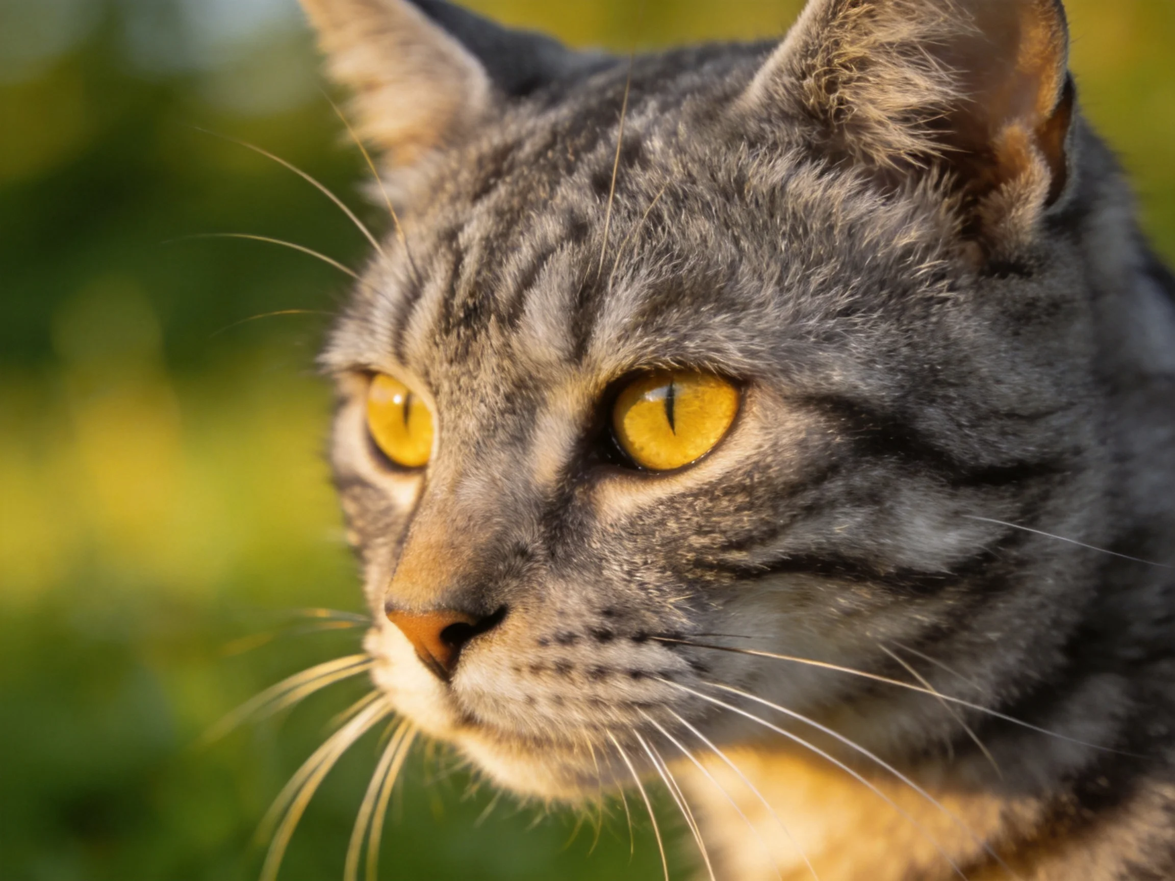 A gray tabby cat with yellow eyes focuses intently amid a blurred green backdrop.