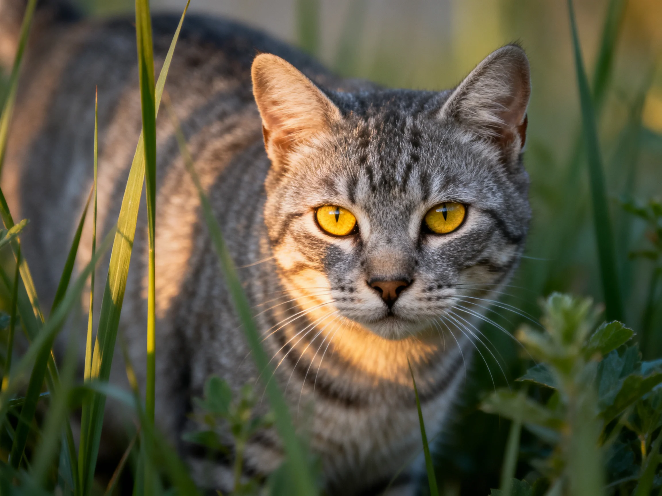 A gray tabby cat with yellow eyes is among tall green plants.