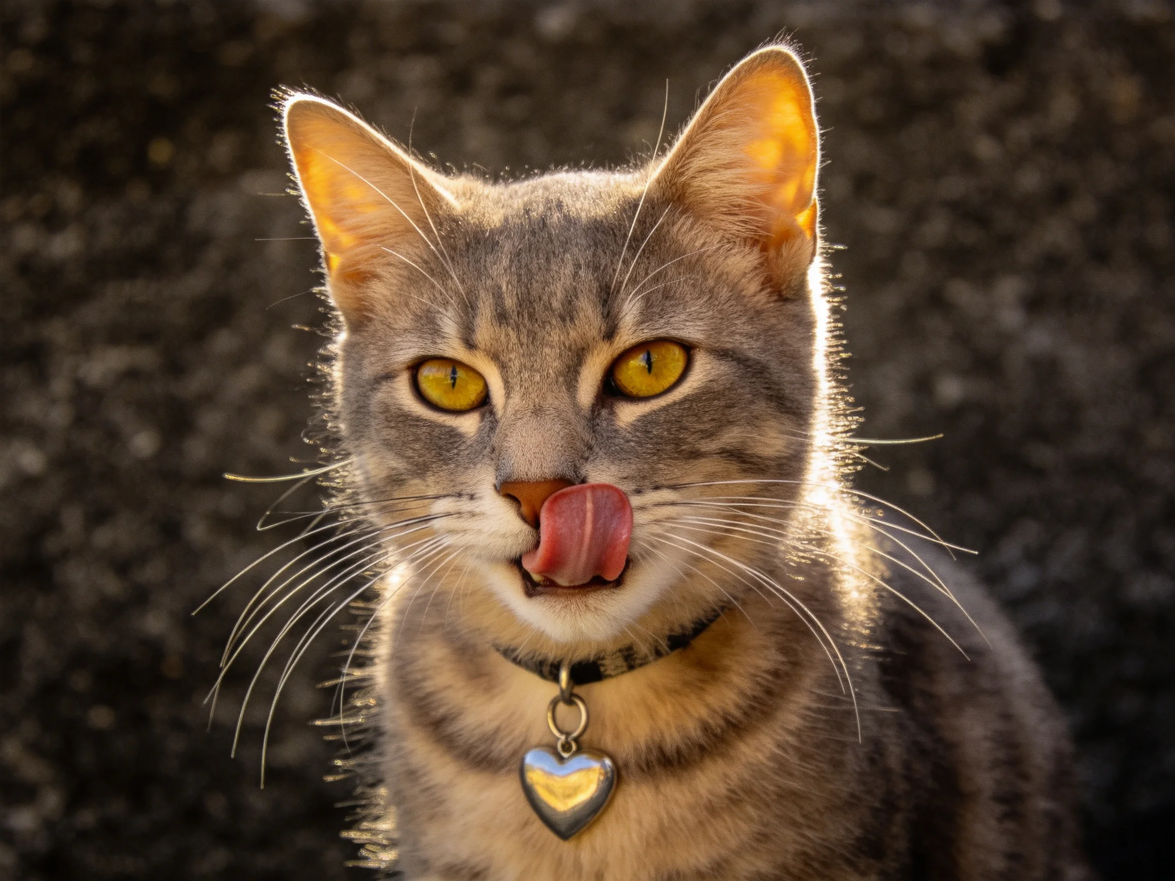 A gray tabby cat licks its nose while wearing a heart - shaped collar.