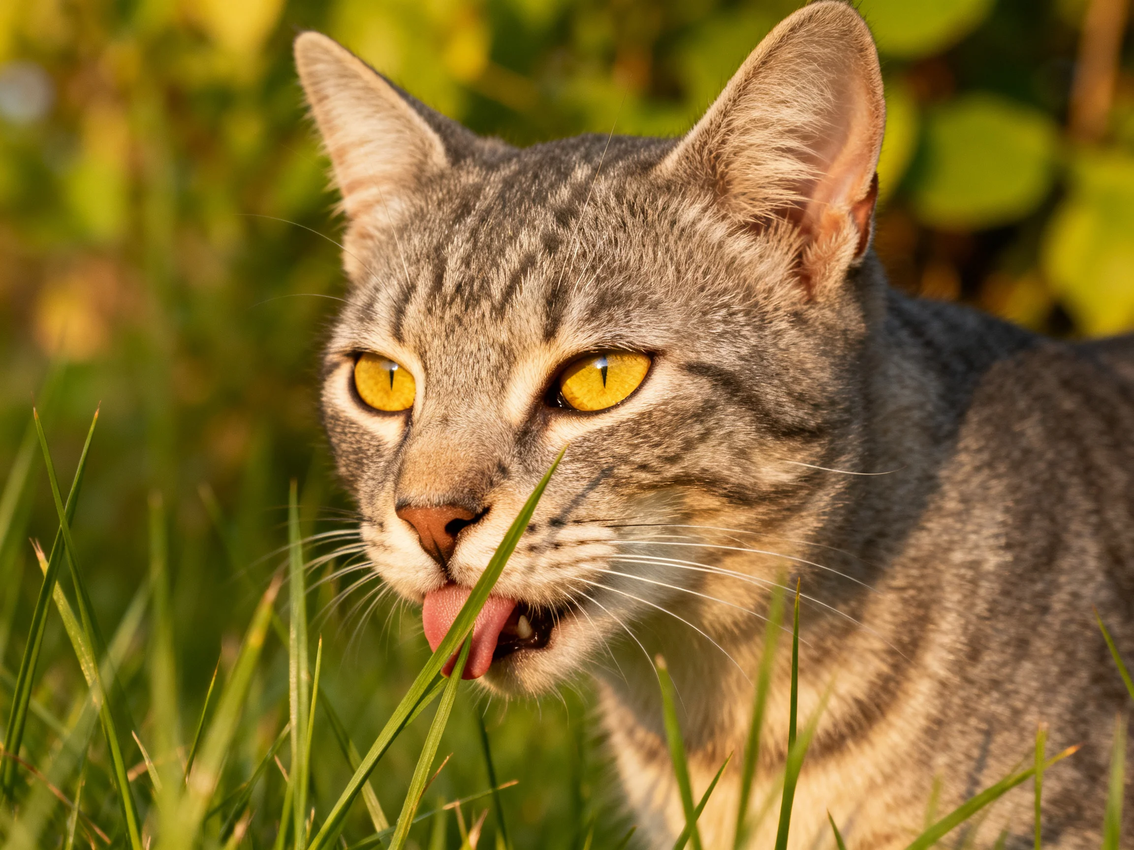 A gray tabby cat with yellow eyes licks grass outdoors.