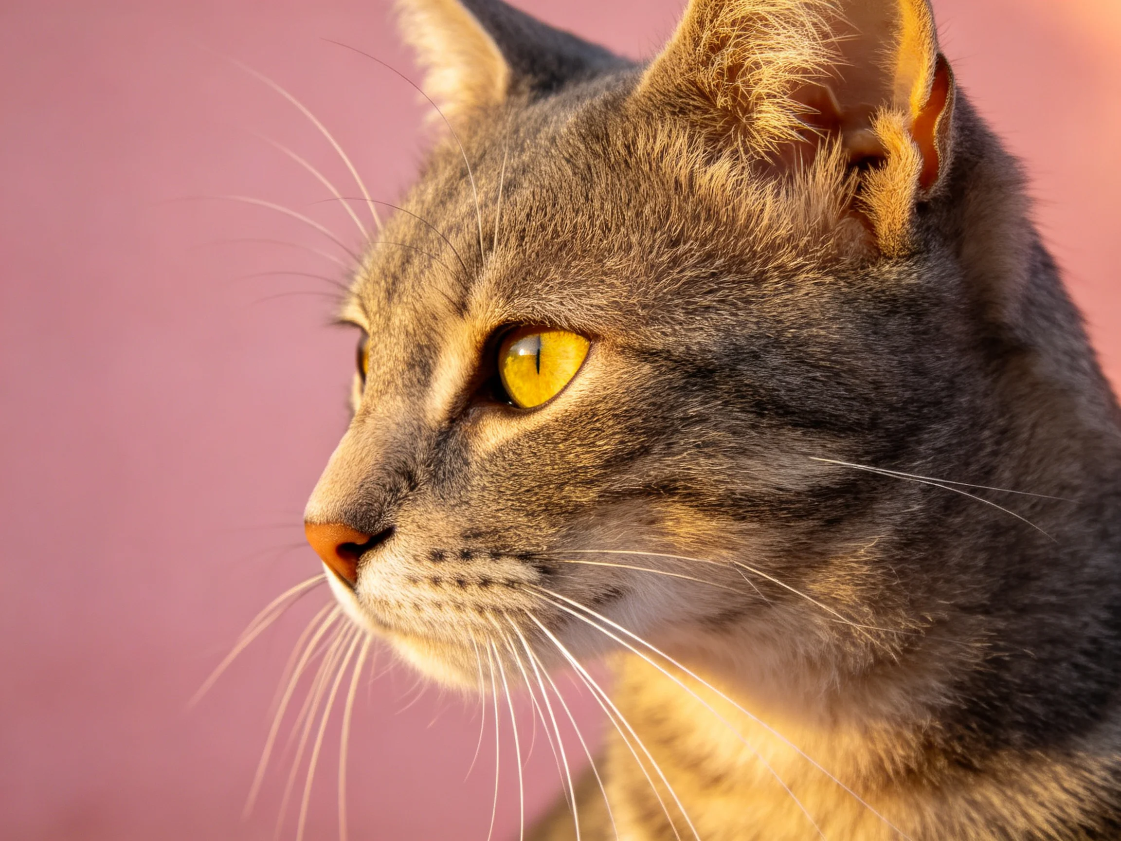 A close - up of a gray tabby cat with yellow eyes against a pink backdrop.