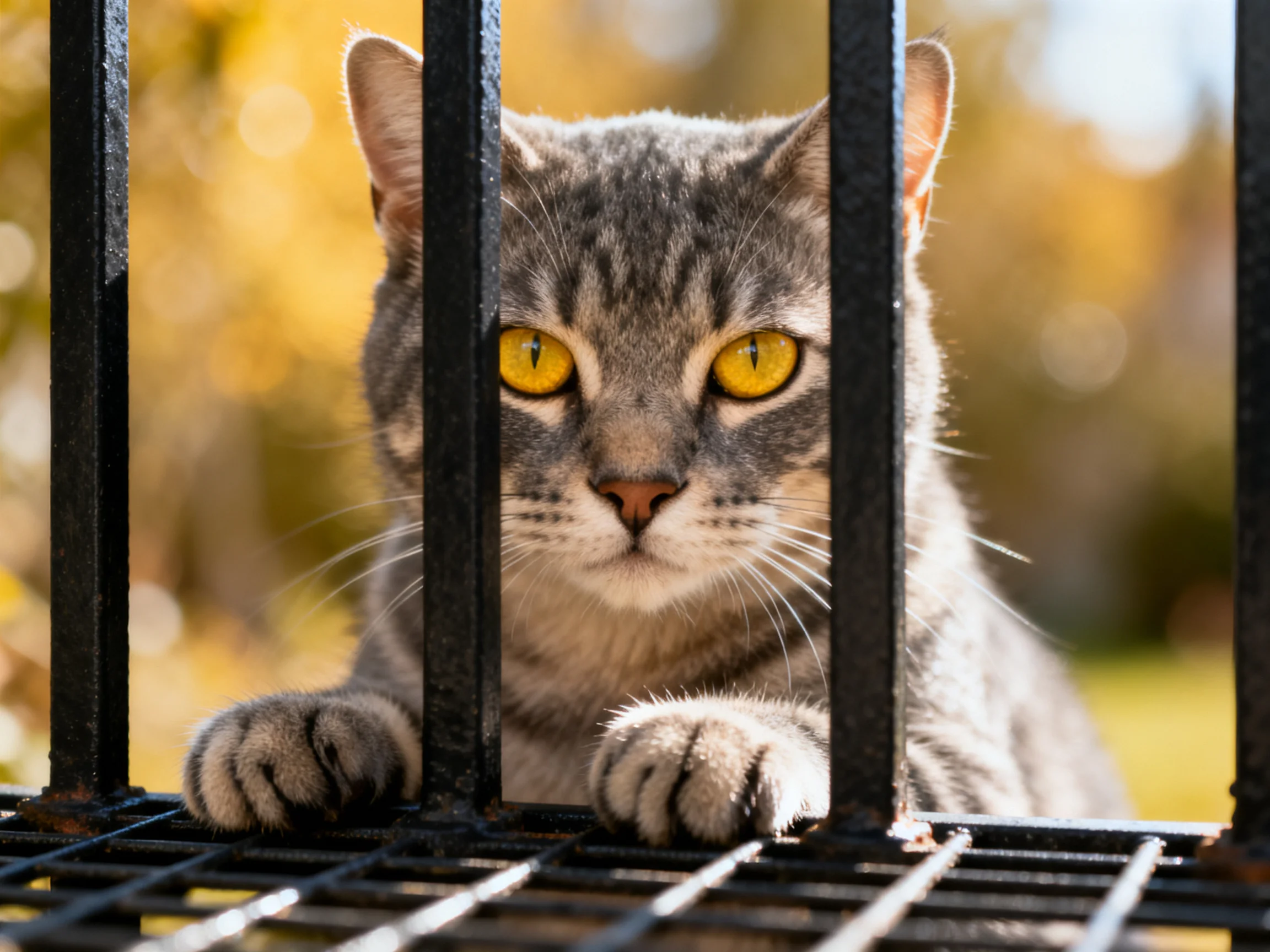 A gray tabby cat with yellow eyes looks through black metal bars