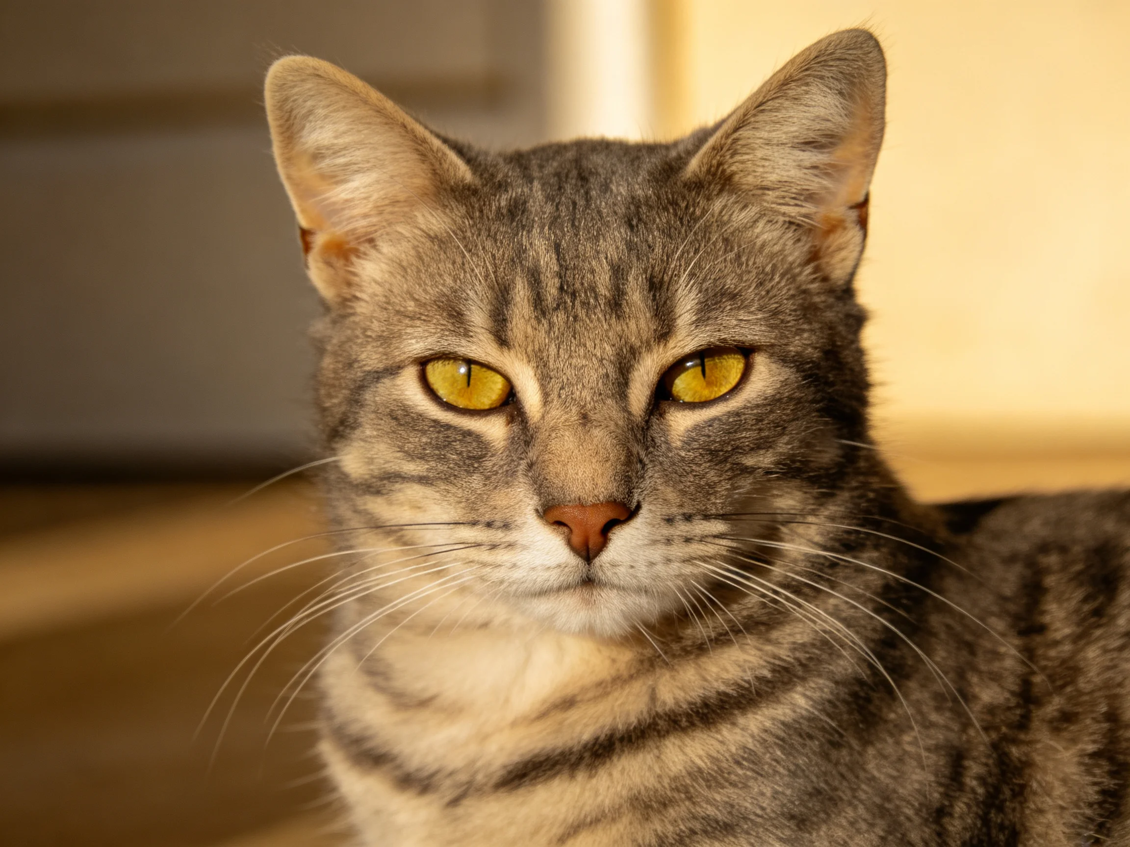 A gray tabby cat with vivid yellow eyes rests in a softly lit interior space.