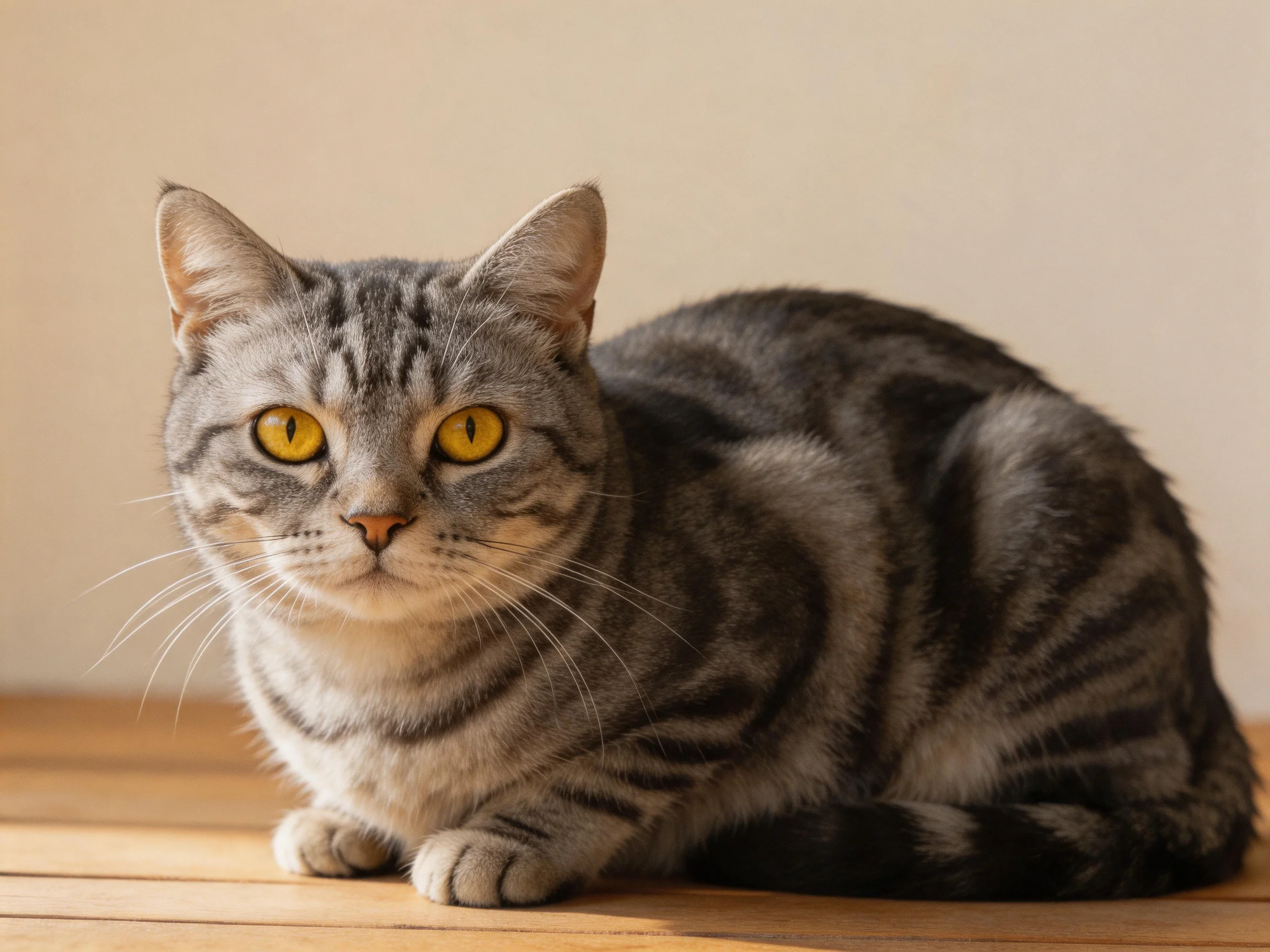 A gray tabby cat with yellow eyes rests on wooden flooring.