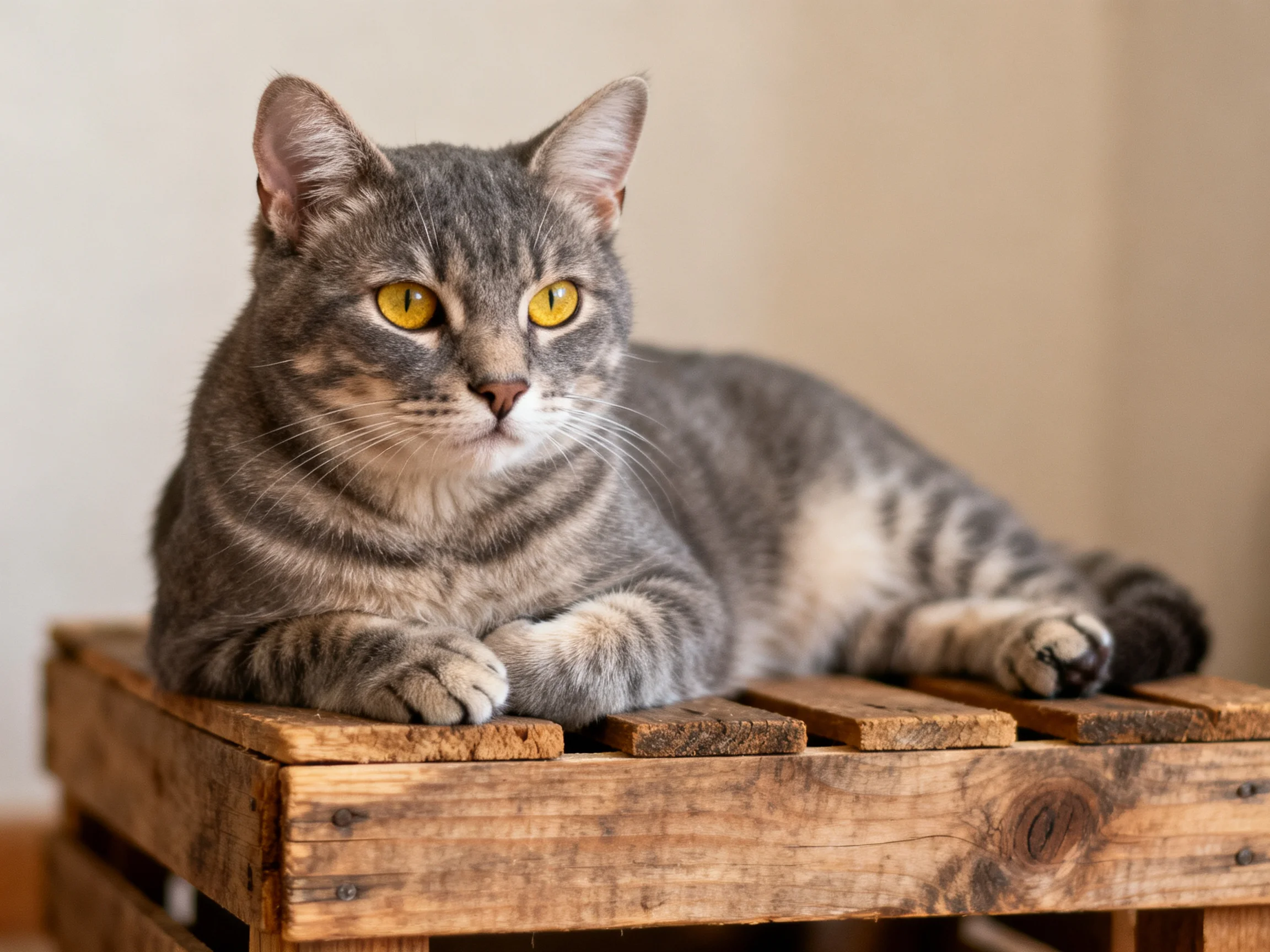 A gray tabby cat with yellow eyes relaxes on a wooden crate.