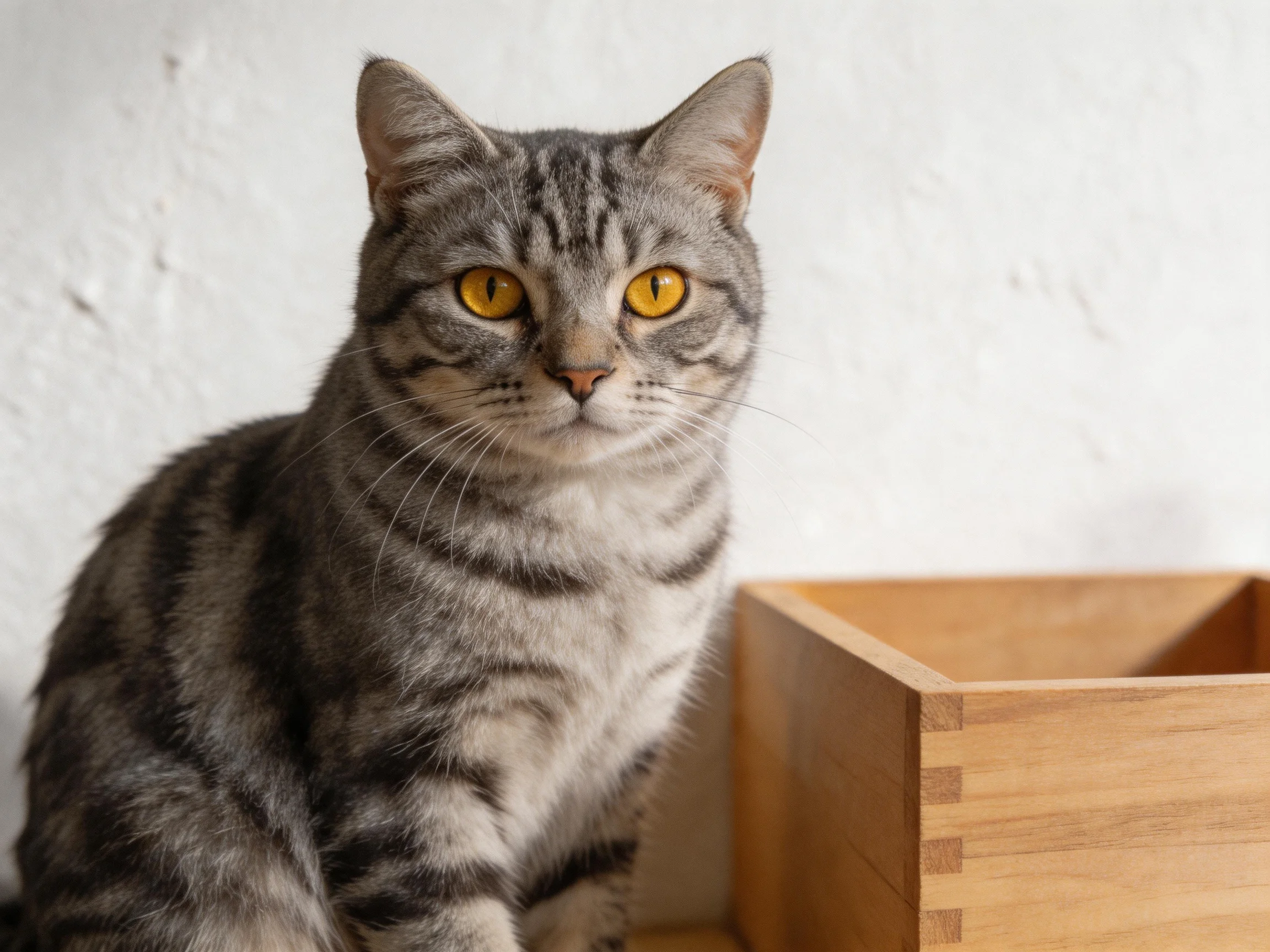 A gray tabby cat with yellow eyes sits next to a wooden box on a white wall