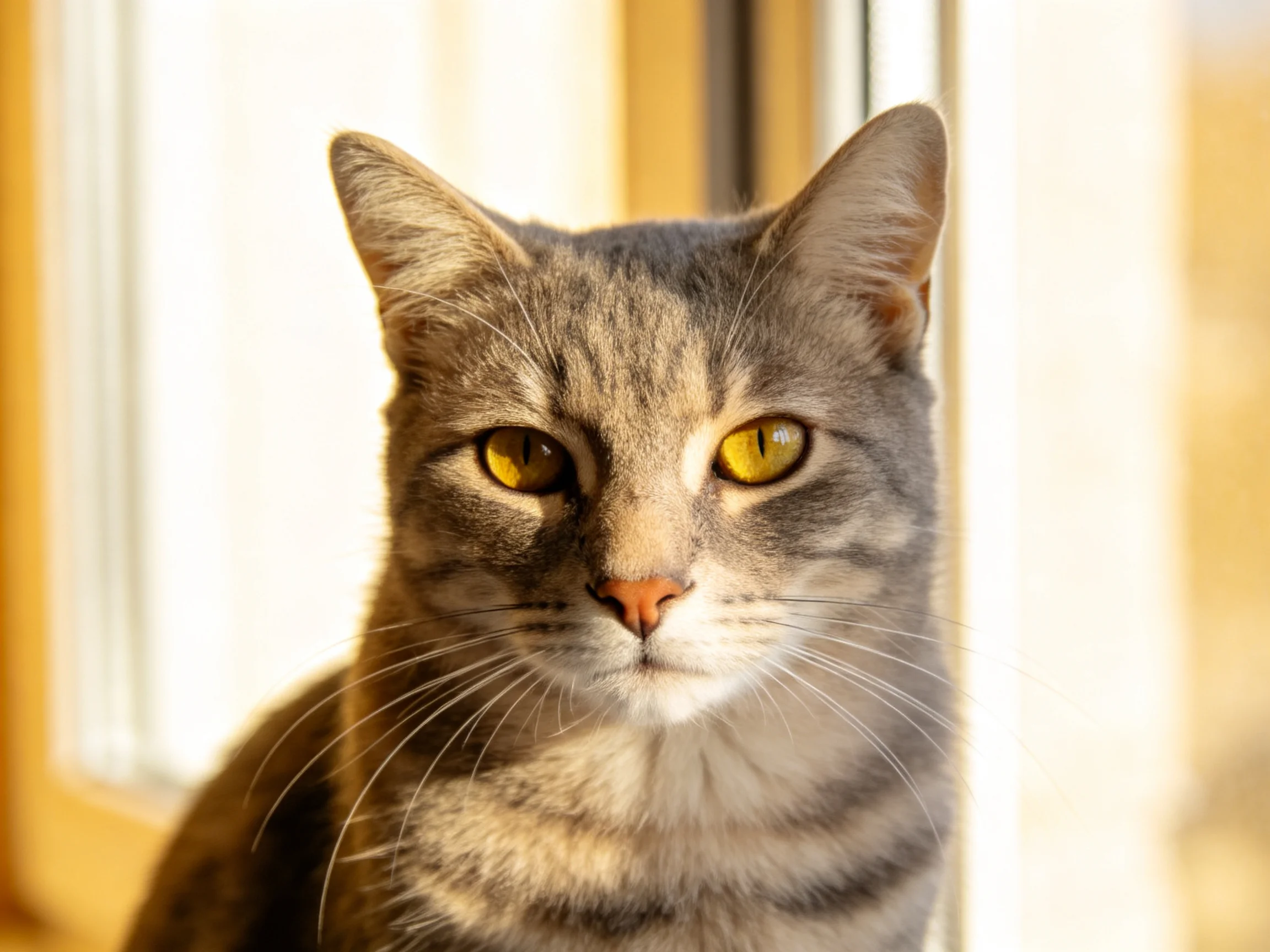 A gray tabby cat with yellow eyes sits near a sunlit window.