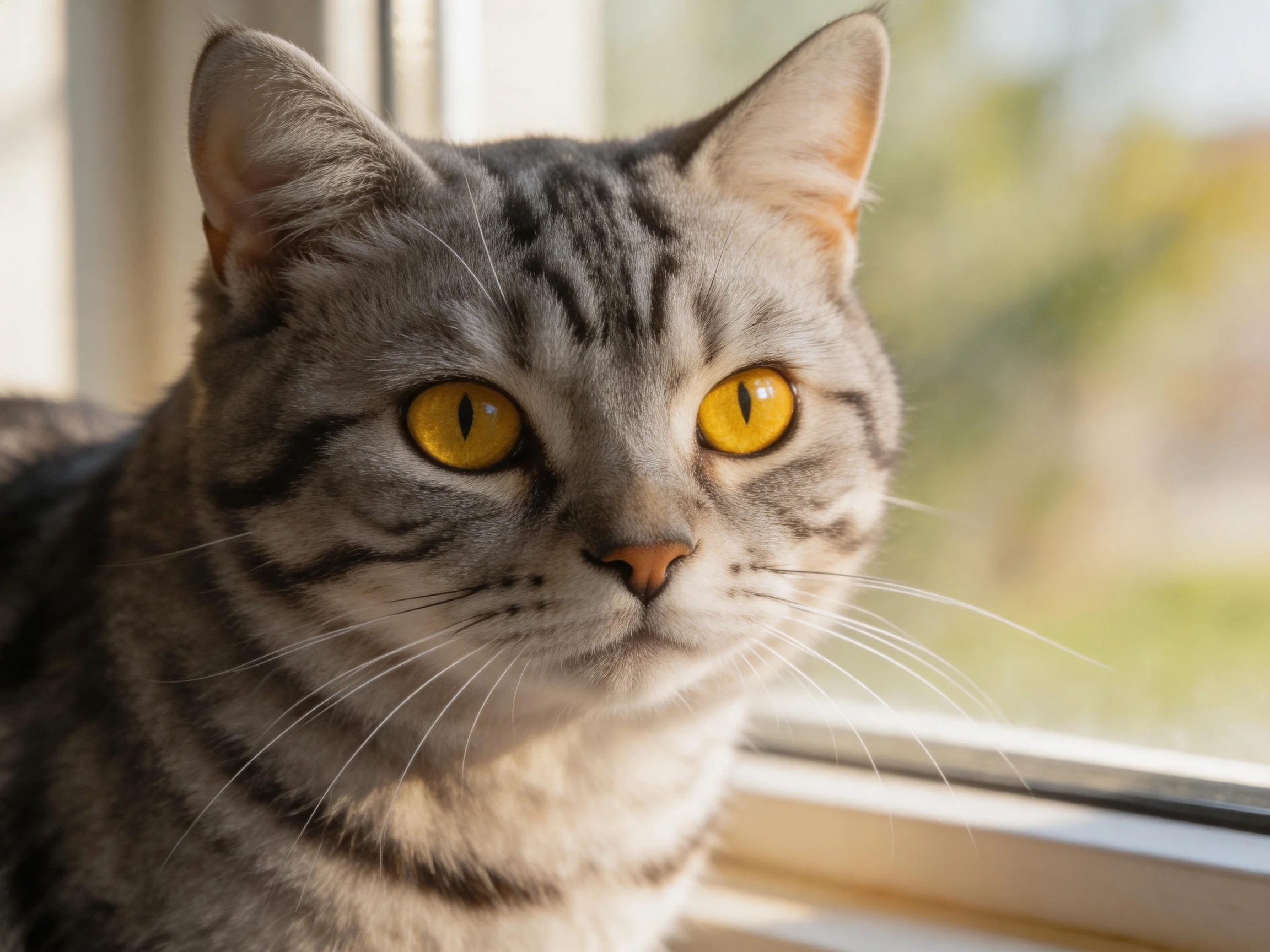 Gray tabby cat with yellow eyes sits near a sunlit window.