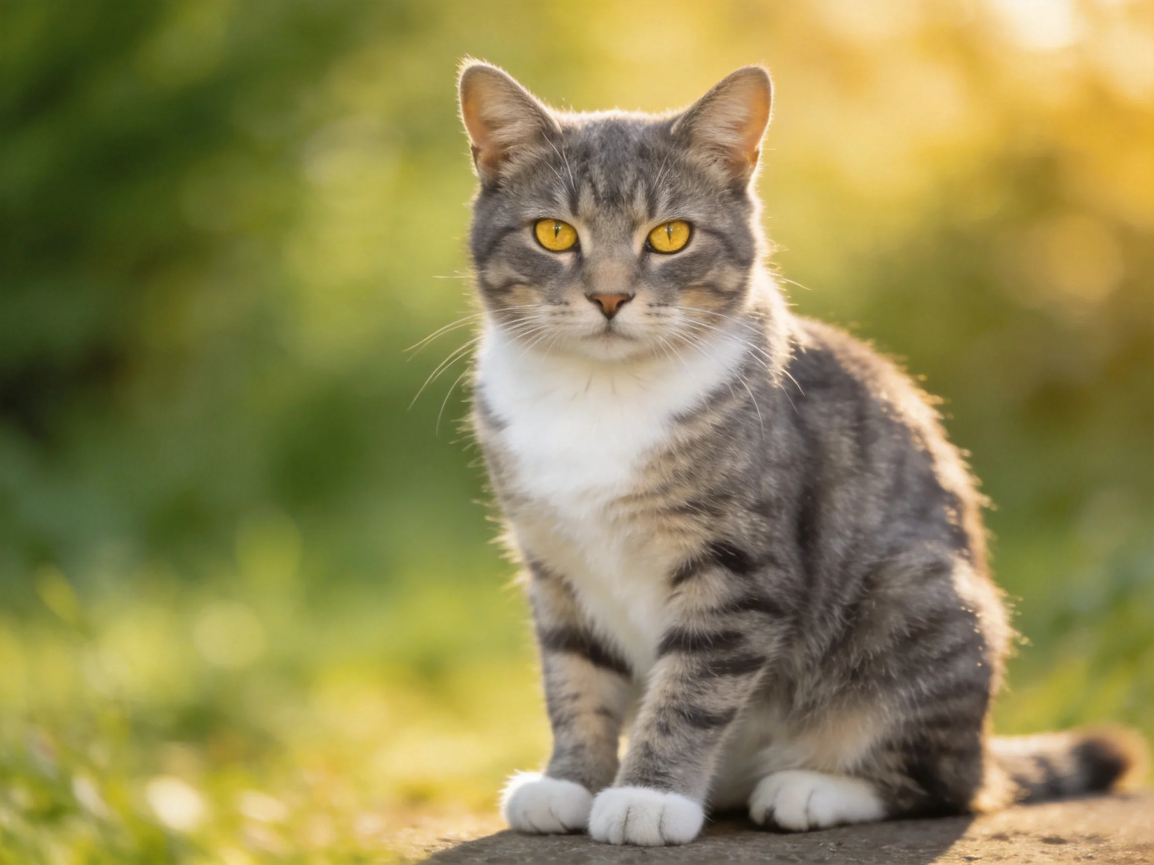 A gray tabby cat with yellow eyes sits calmly on a stone surface in a sunlit outdoor setting