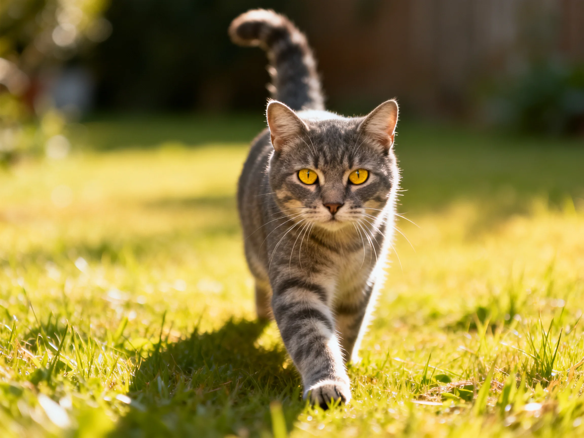 A gray tabby cat with yellow eyes walks through sunlit grass.