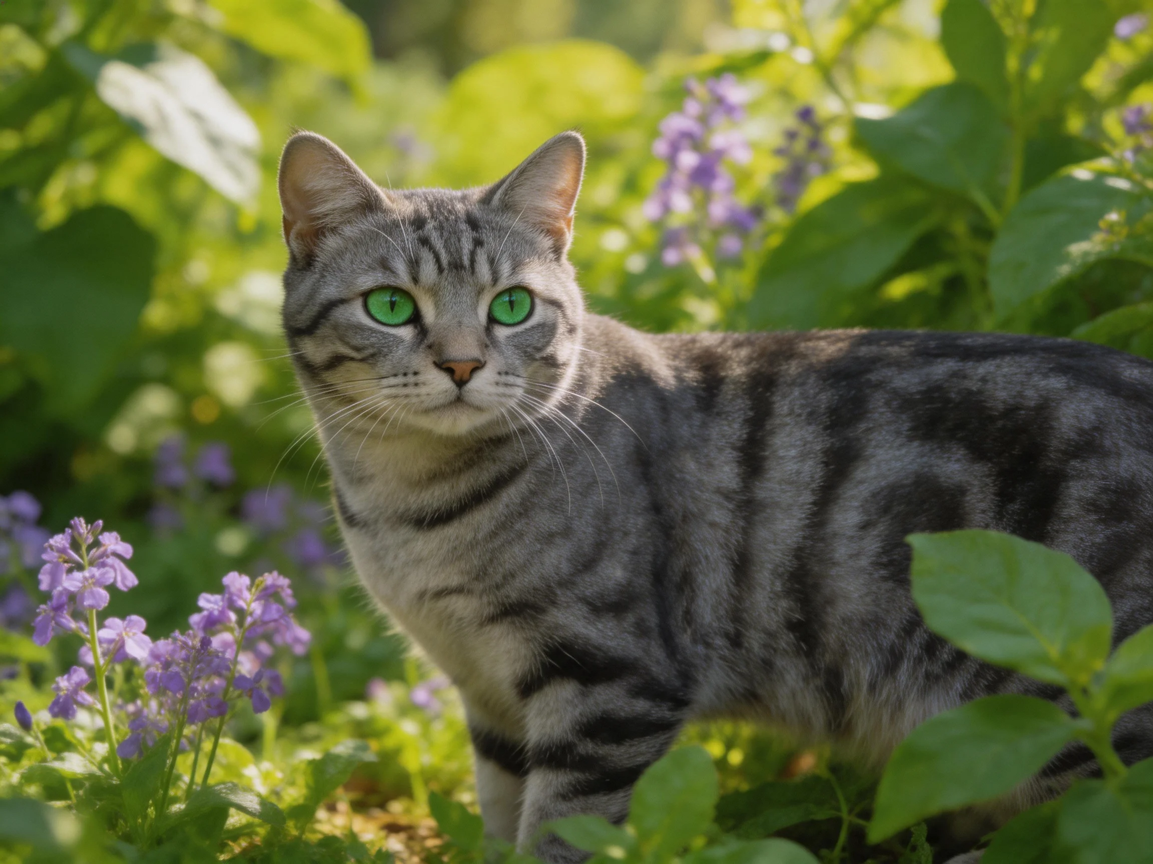 A gray tabby cat with green eyes is surrounded by purple flowers in a lush garden.