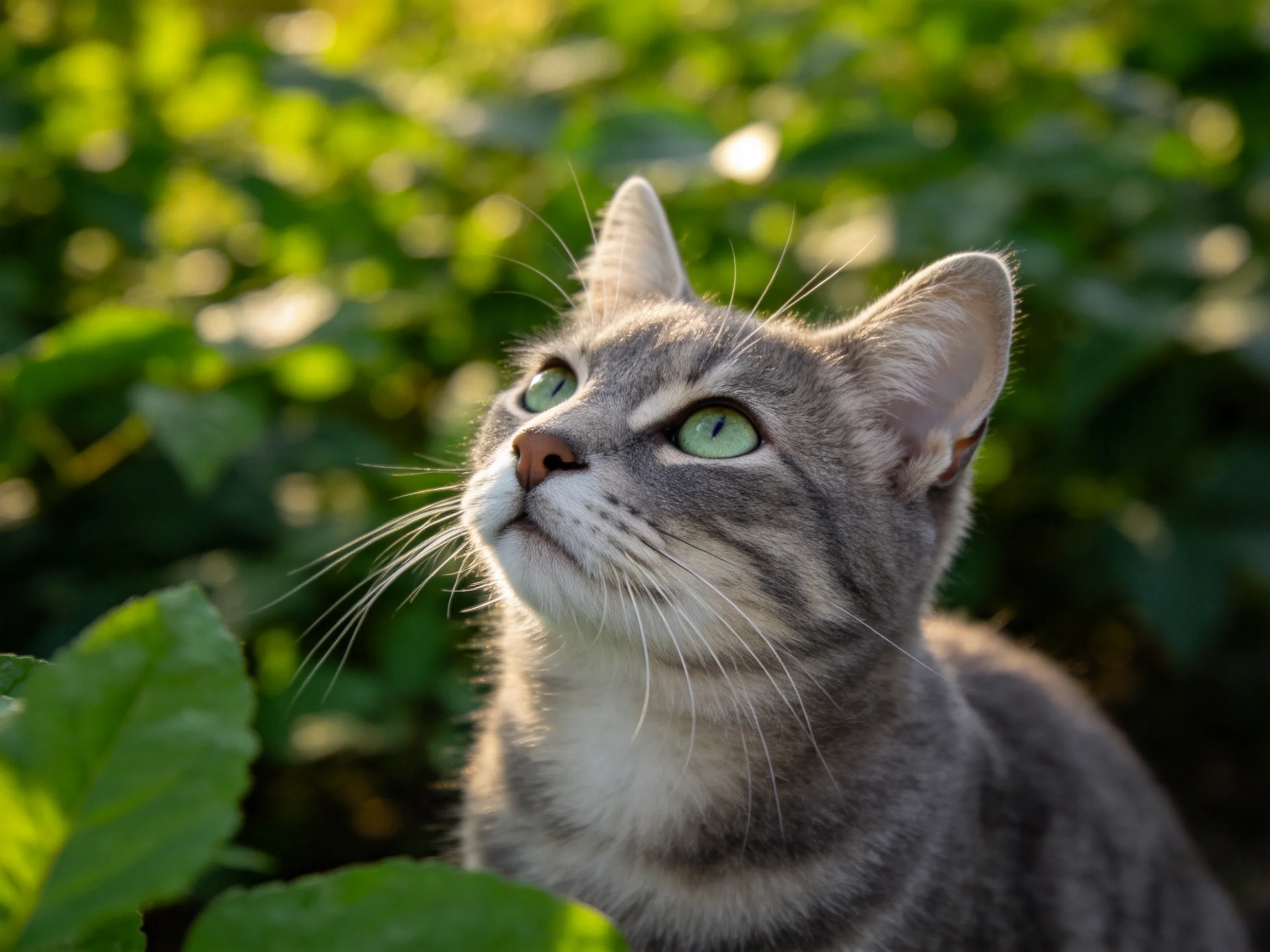 A gray tabby cat looks upward among dense green plants.