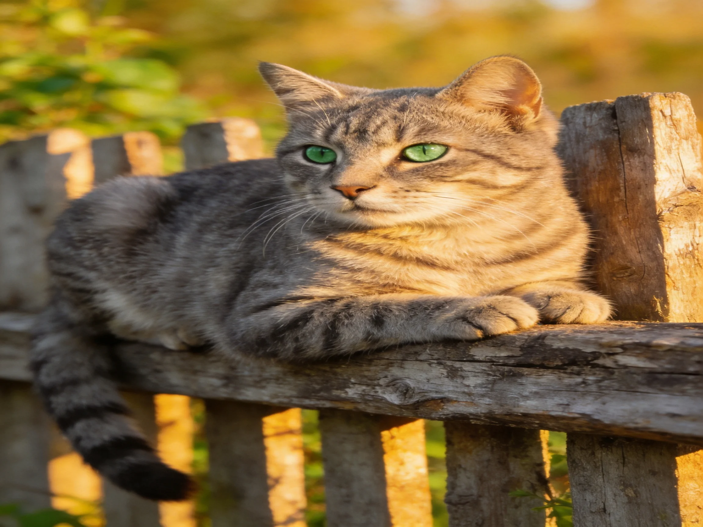 A gray tabby cat with green eyes relaxes on a weathered wooden fence in natural light.