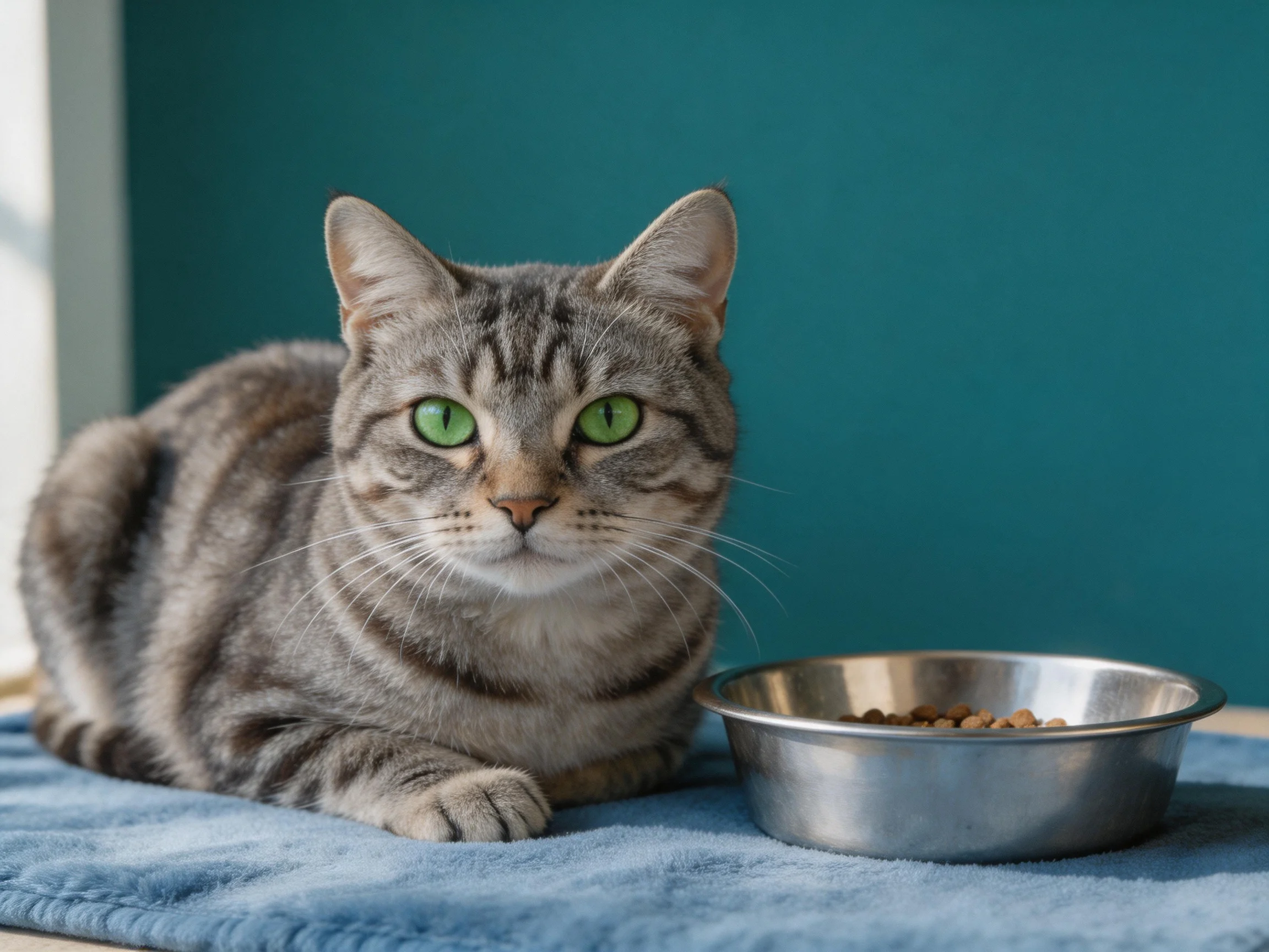 A gray tabby cat with green eyes sits beside a metal pet food bowl.