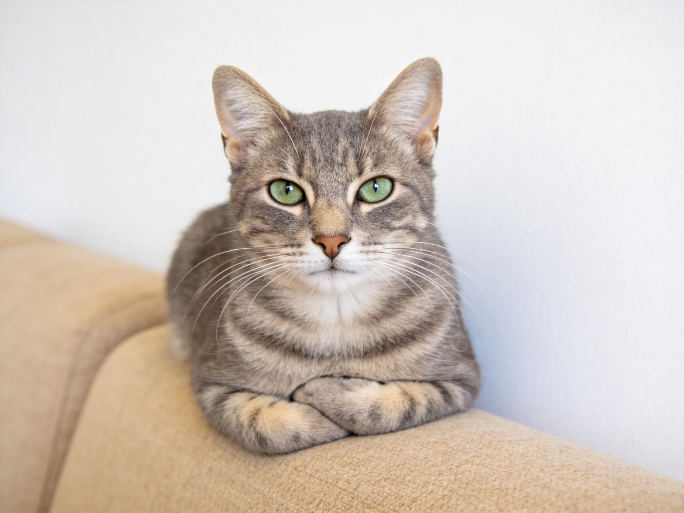 A gray tabby cat with green eyes relaxes on a beige couch.