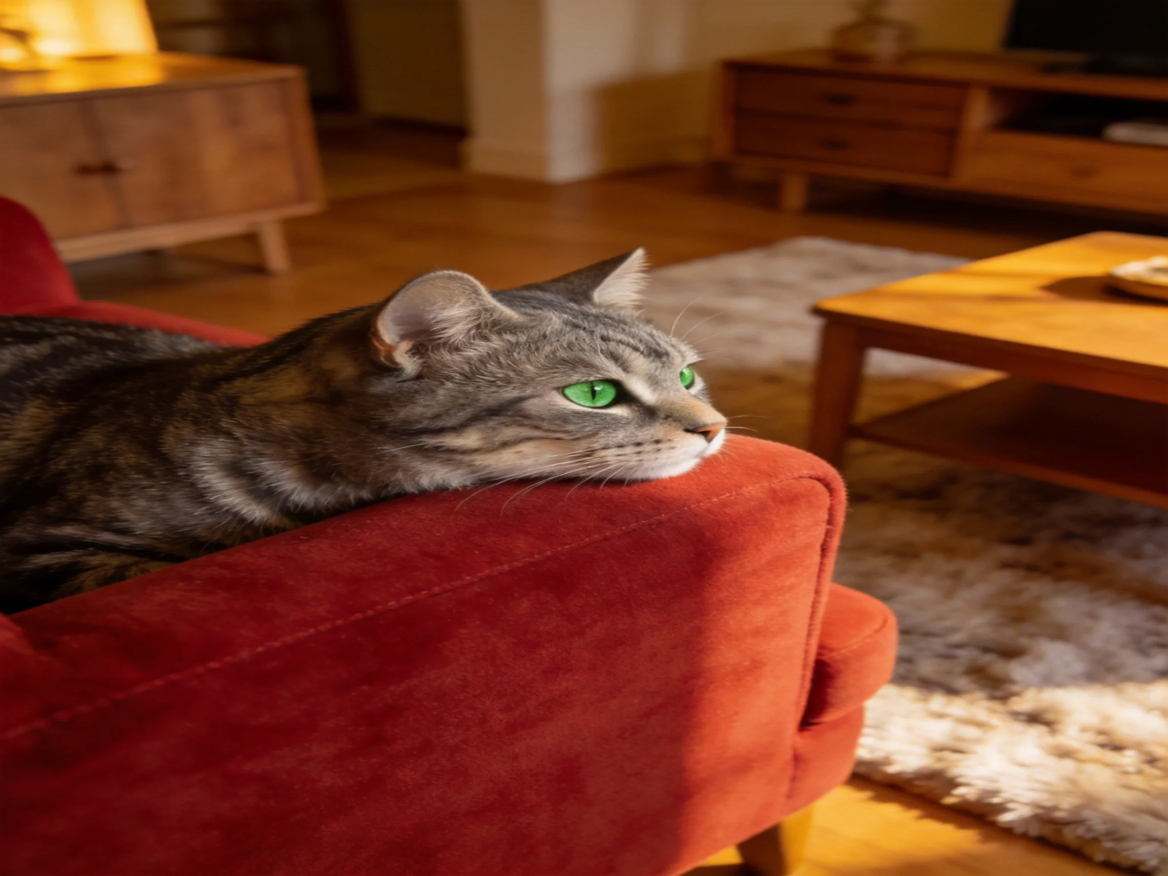 A gray tabby cat relaxes on a red armchair in a cozy living room.