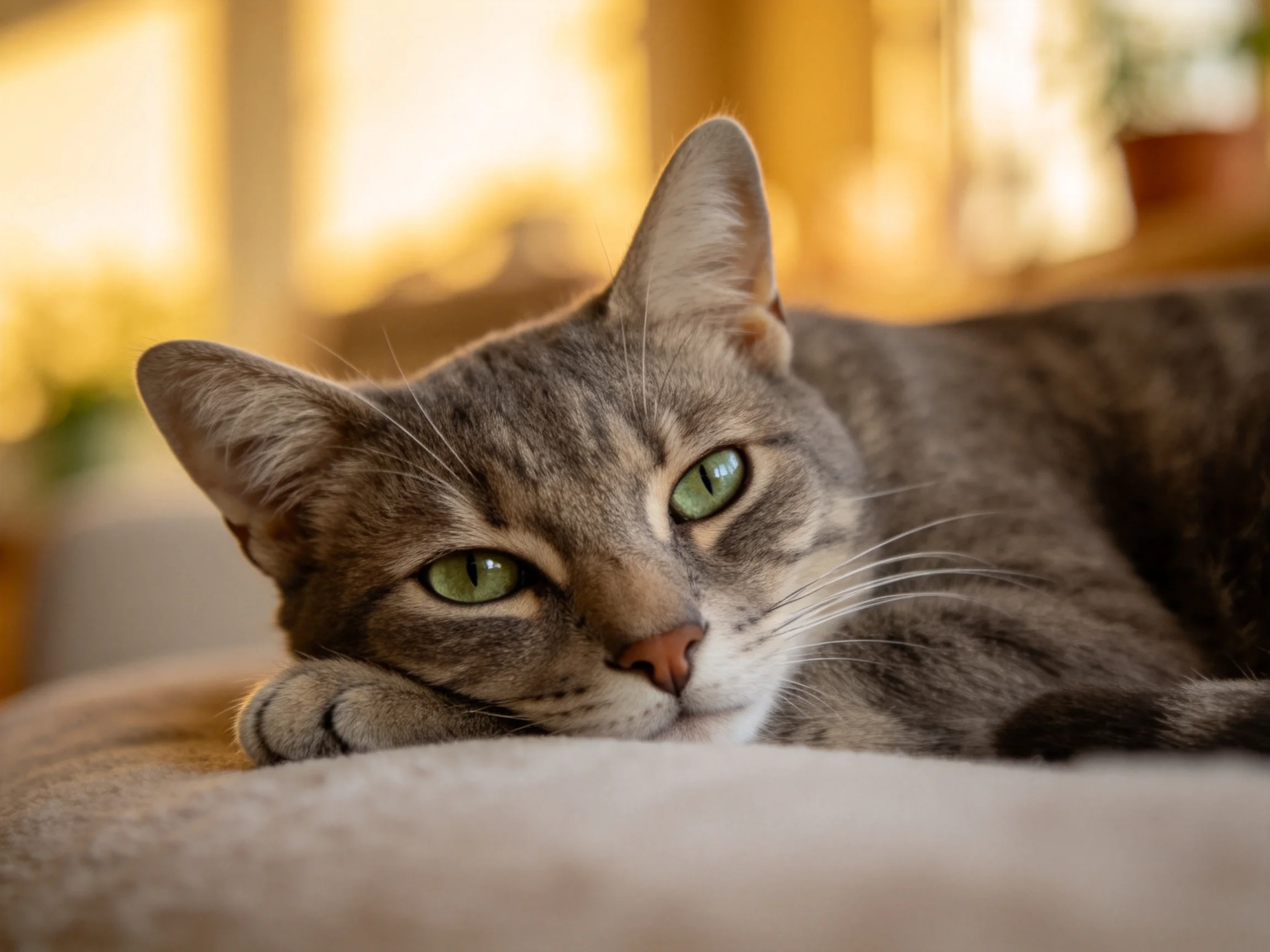 A gray tabby cat with green eyes relaxes on a soft cushion.