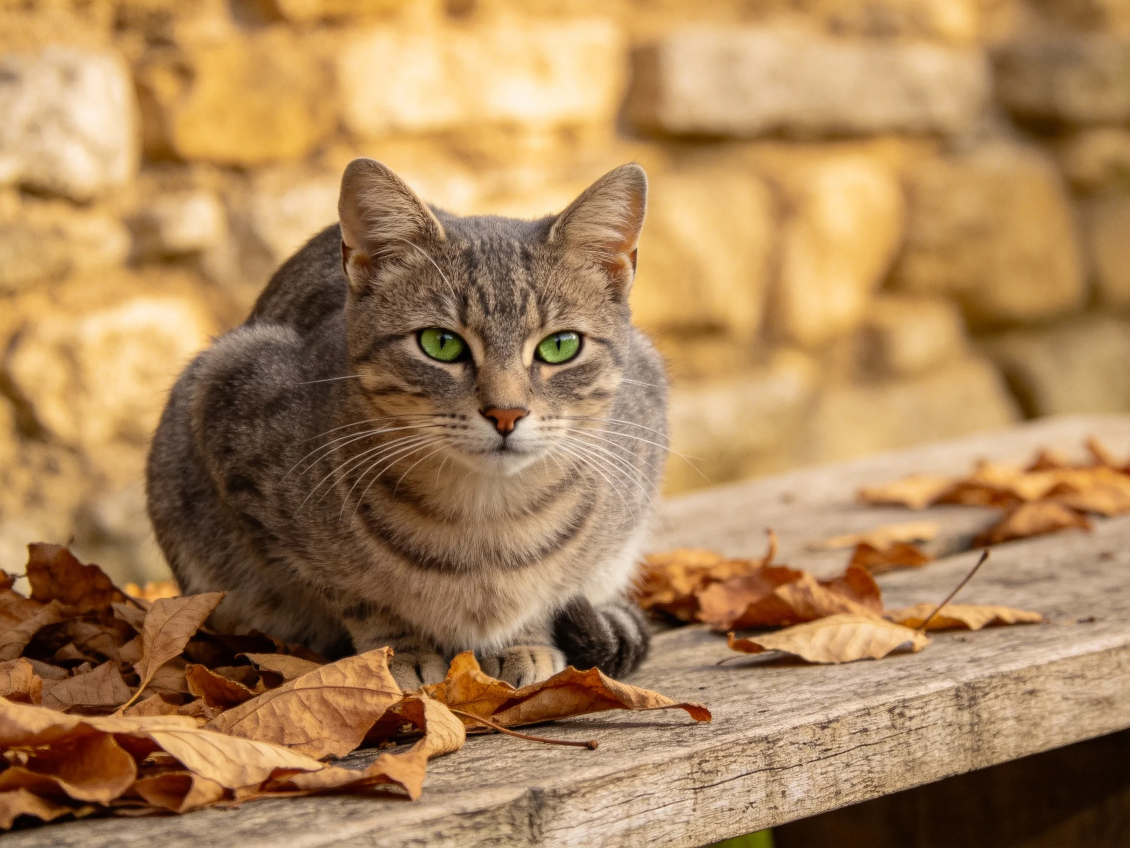 A gray tabby cat sits on a wooden bench amid autumn leaves.
