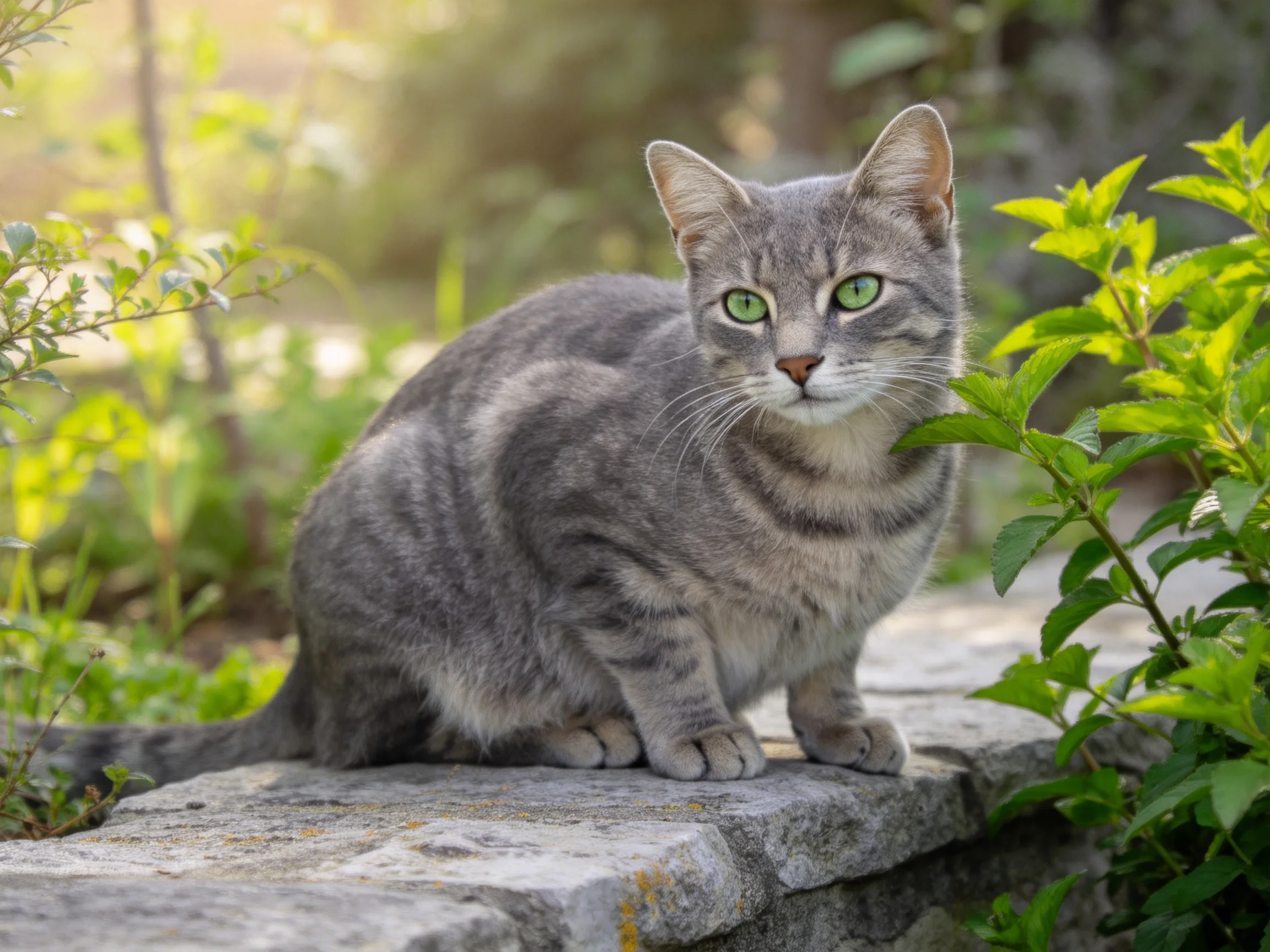 A gray tabby cat with green eyes sits near lush plants on a stone ledge