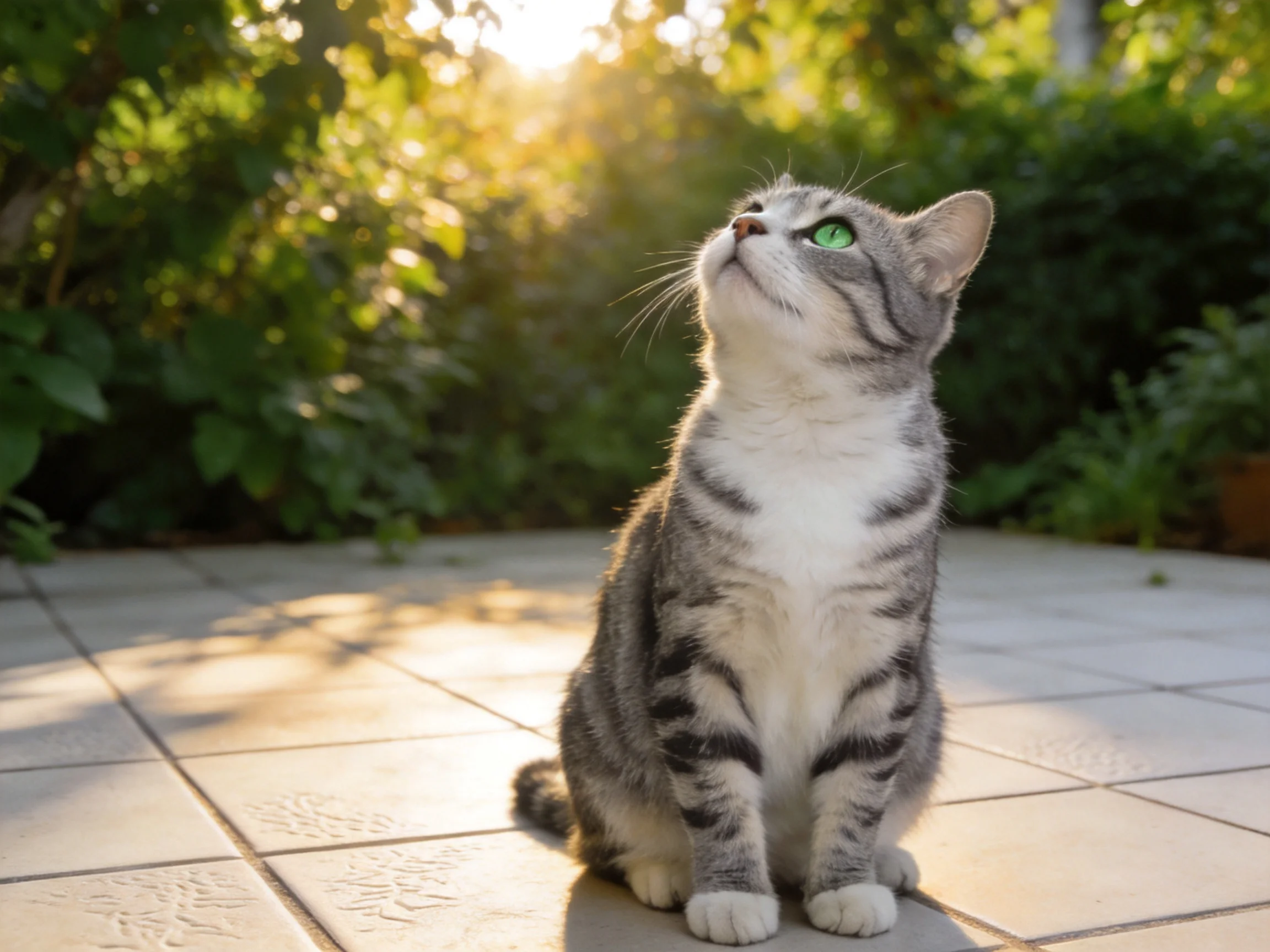 A gray tabby cat with green eyes sits on a sunlit tiled patio