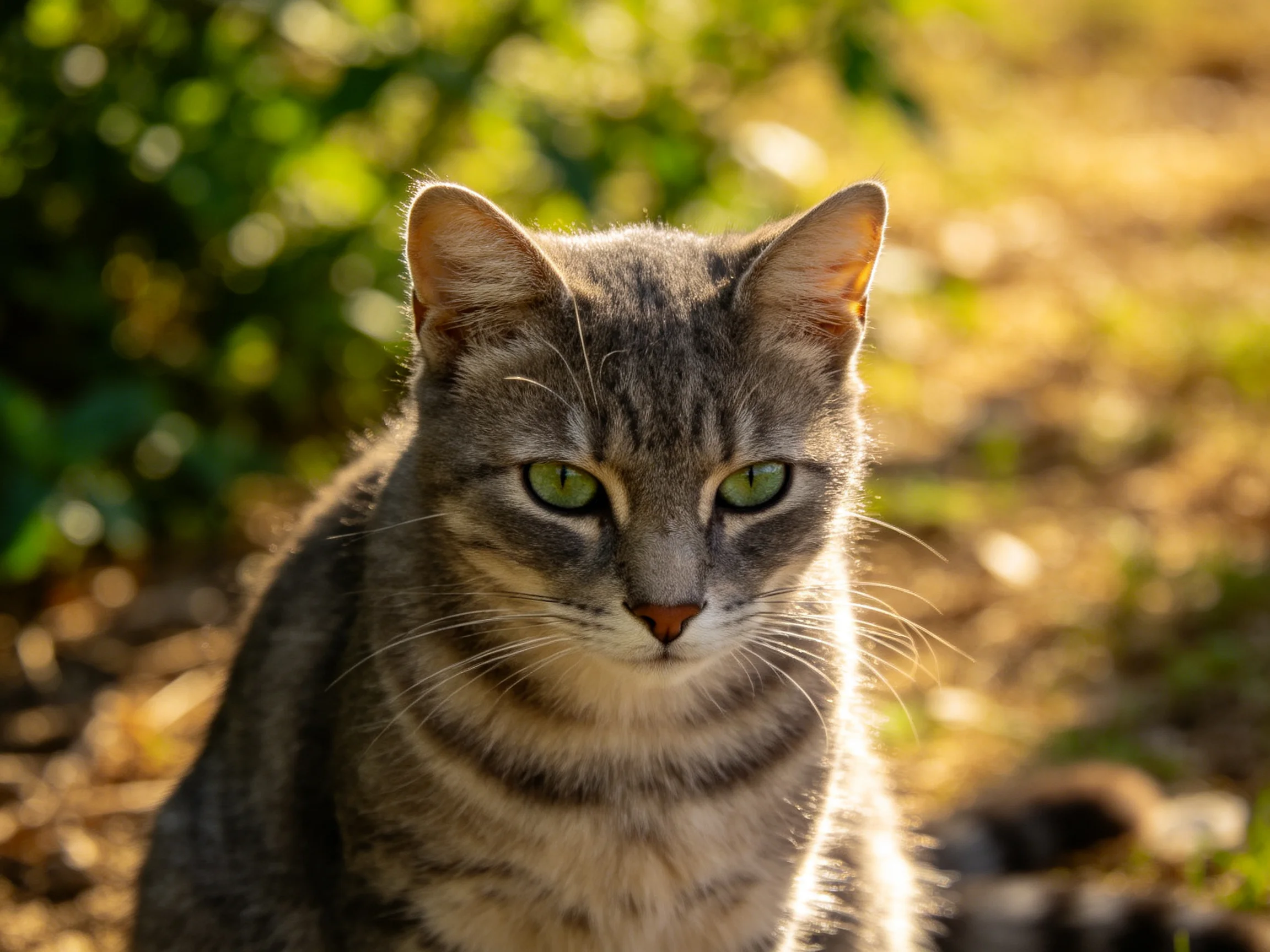 A gray tabby cat with green eyes sits calmly in a sunlit outdoor setting.