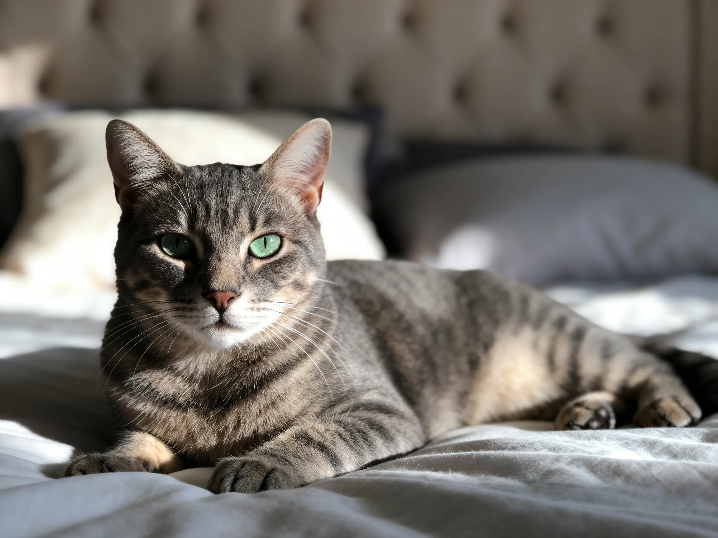 A gray tabby cat with heterochromia rests on a sunlit bed