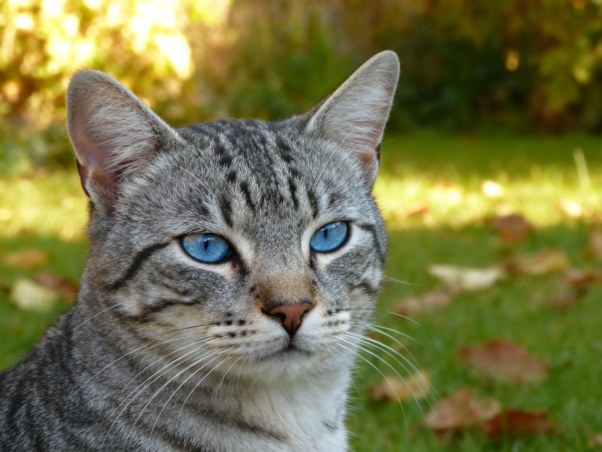 Gray tabby cat with blue eyes in a sunlit garden