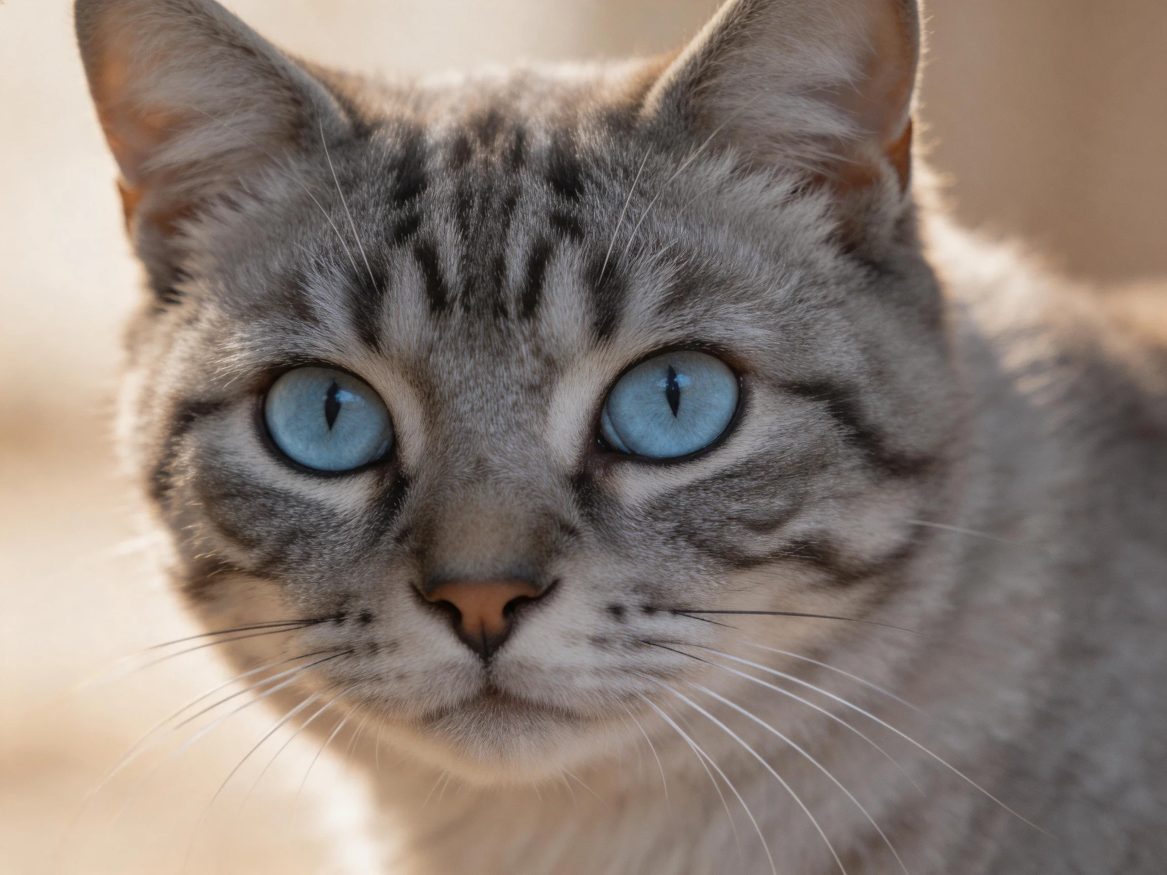 A gray tabby cat with striking blue eyes in soft lighting