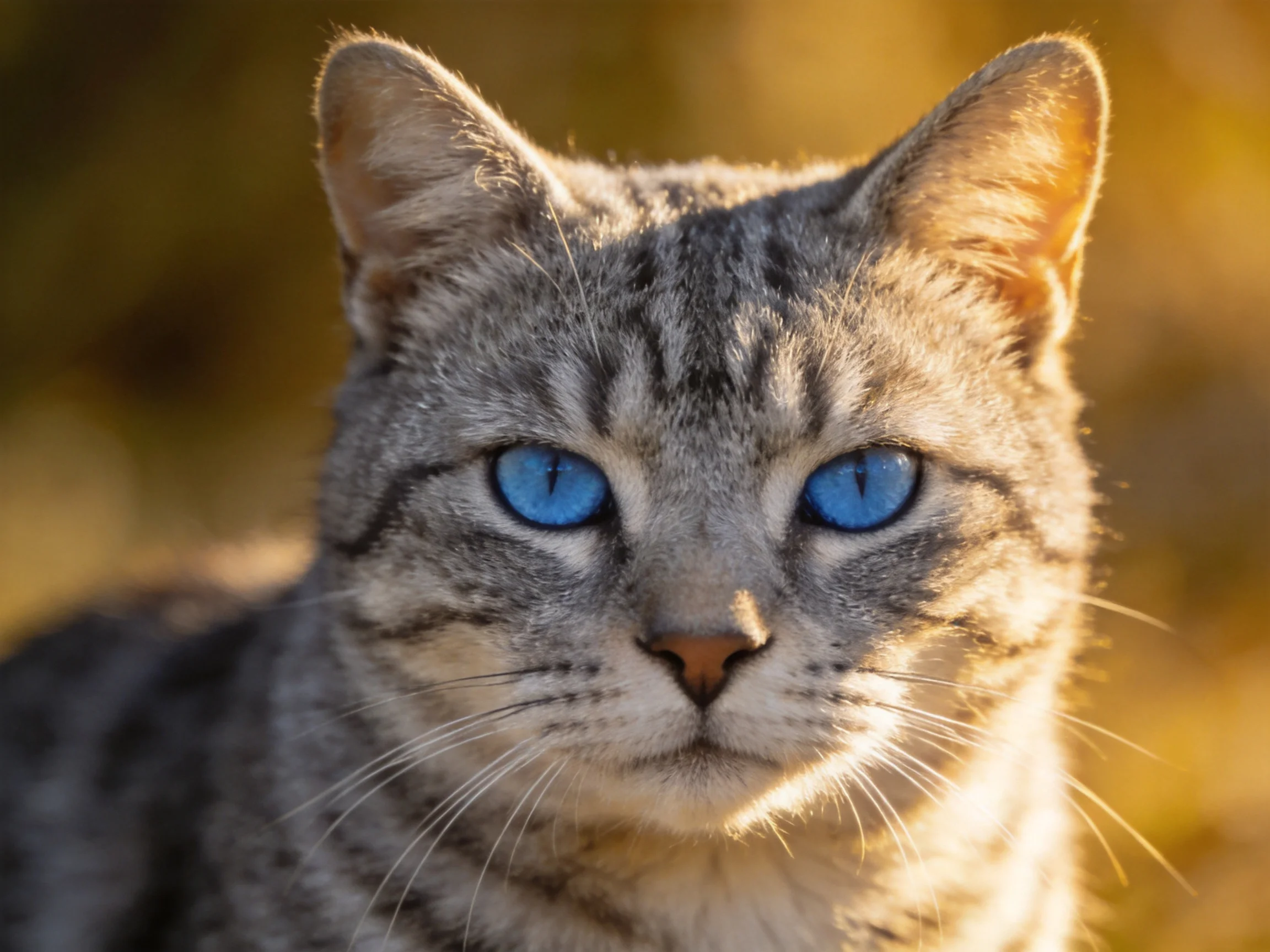 A gray tabby cat with bright blue eyes is shown in warm sunlight.
