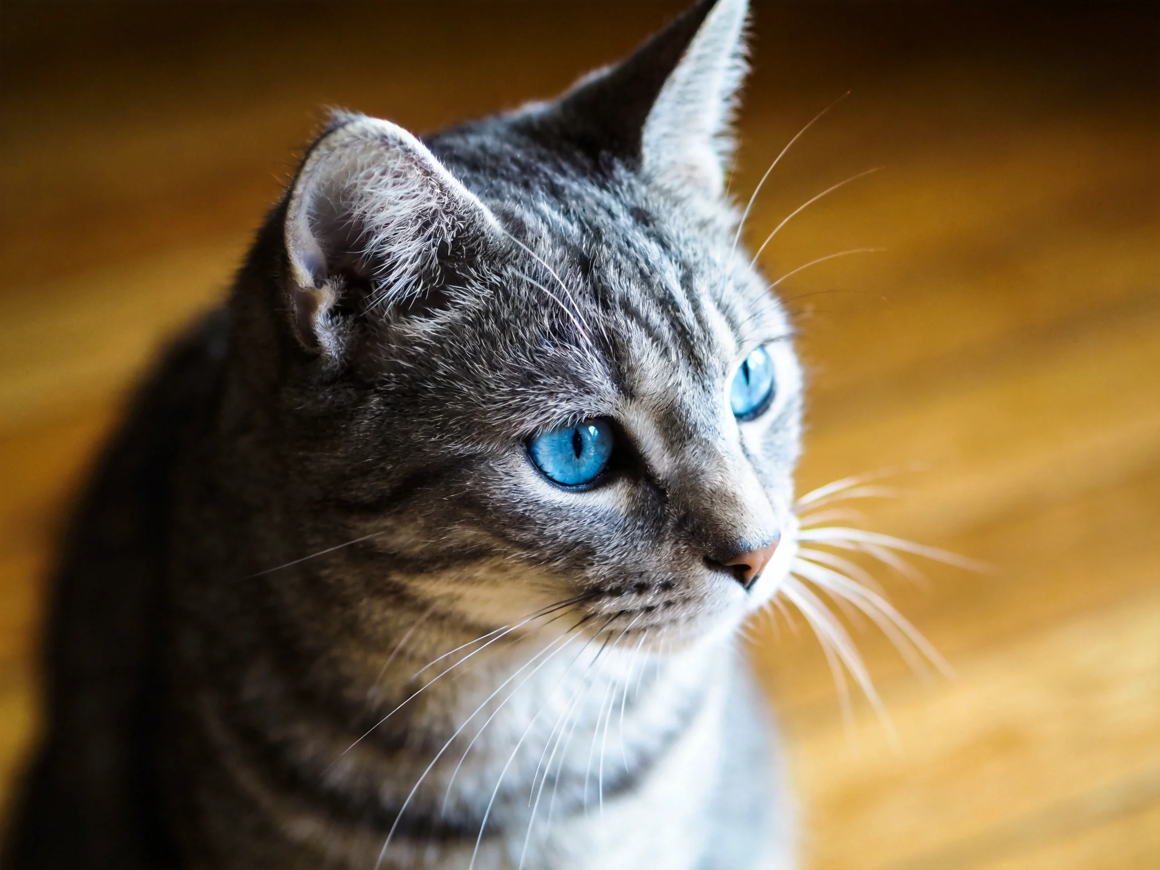 A gray tabby cat with blue eyes sits near a wooden area.