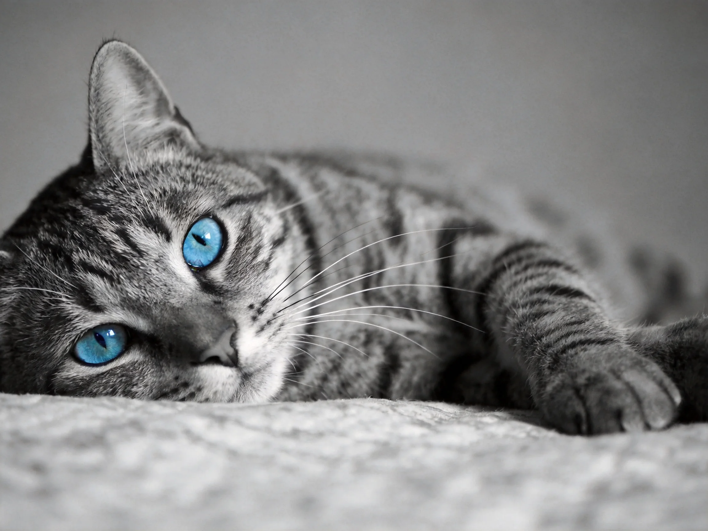 A gray tabby cat with blue eyes relaxes on a soft surface.