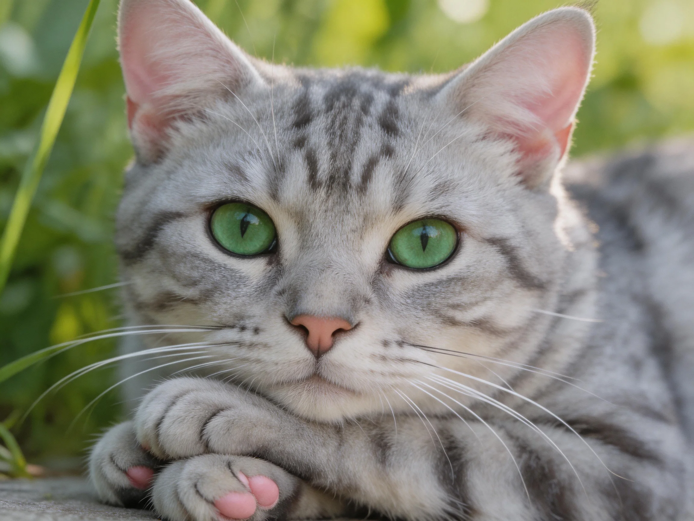 A gray tabby cat with vivid green eyes rests amid lush greenery