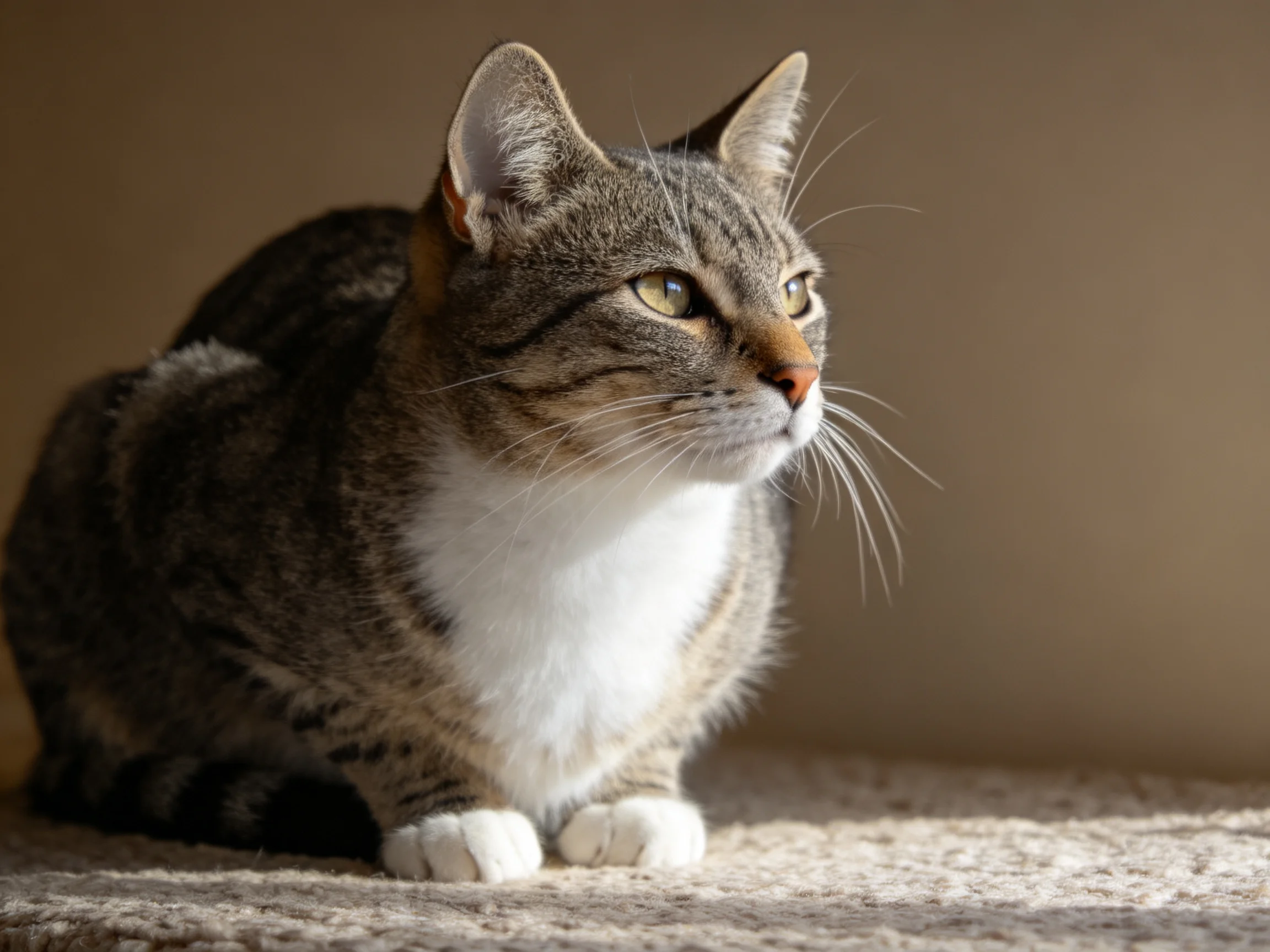 A gray tabby cat with white chest sits in soft lighting