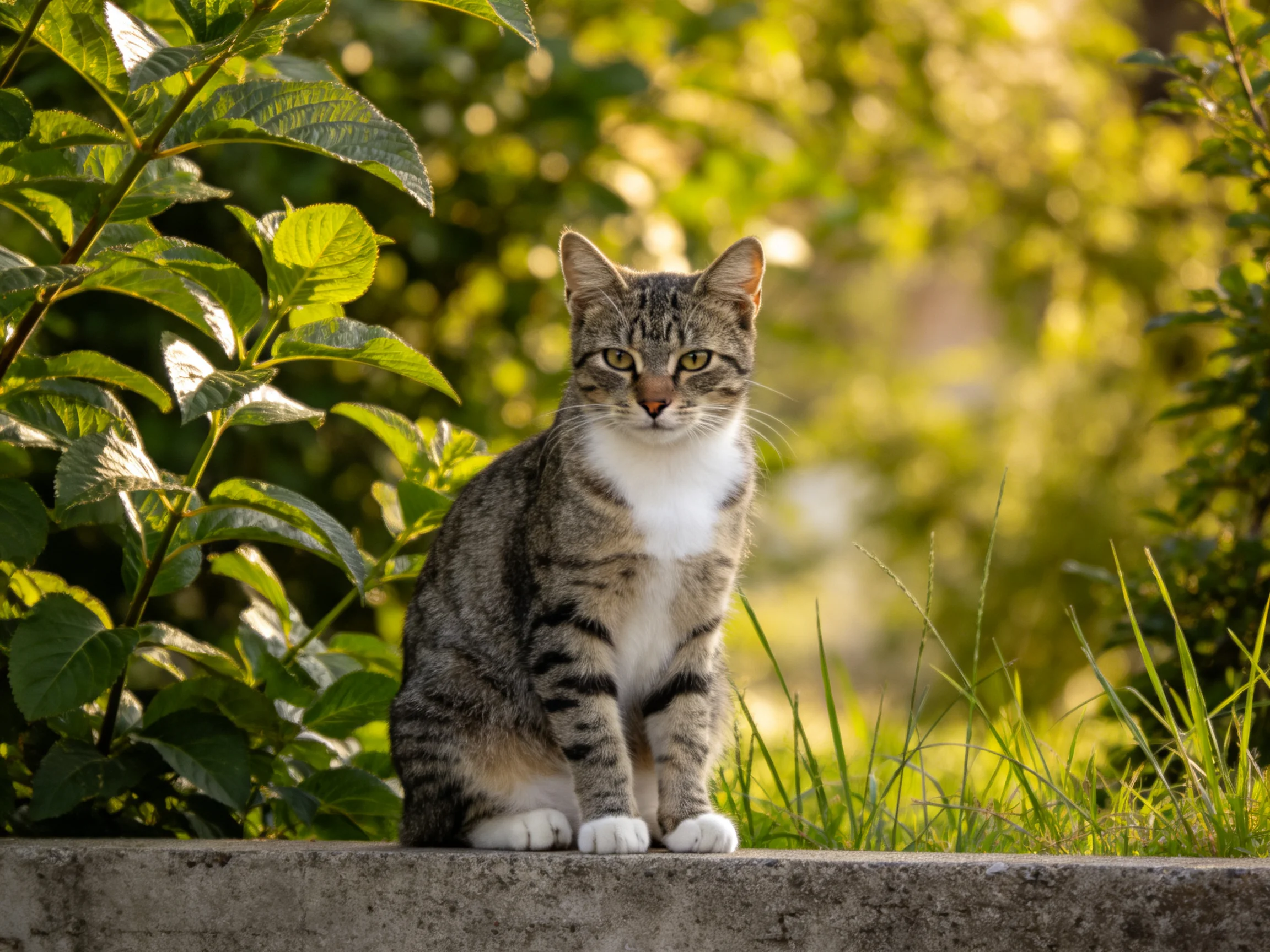 A gray-tabby cat with white chest sits on a concrete ledge near greenery