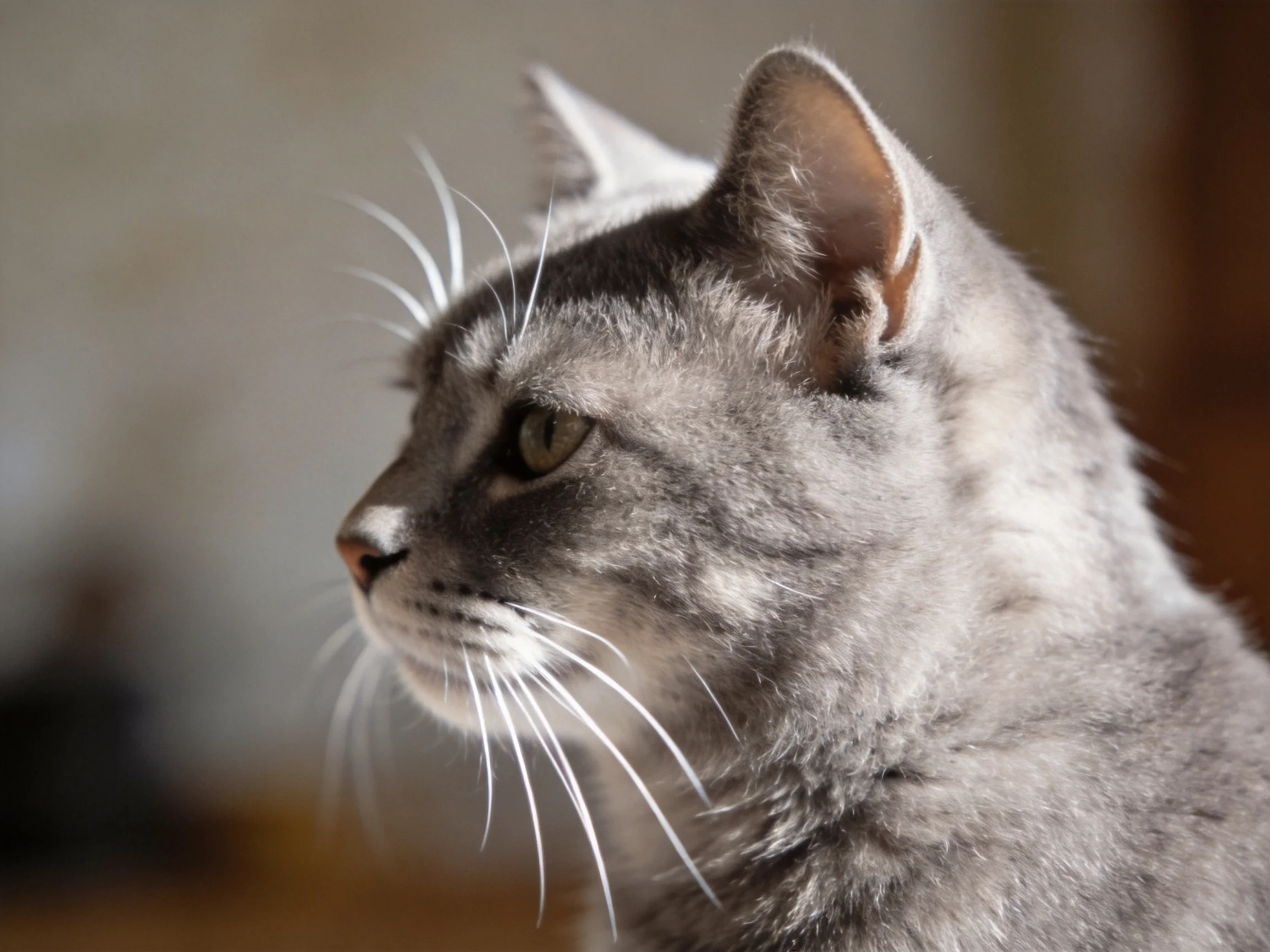 A gray tabby cat with white markings captured in profile