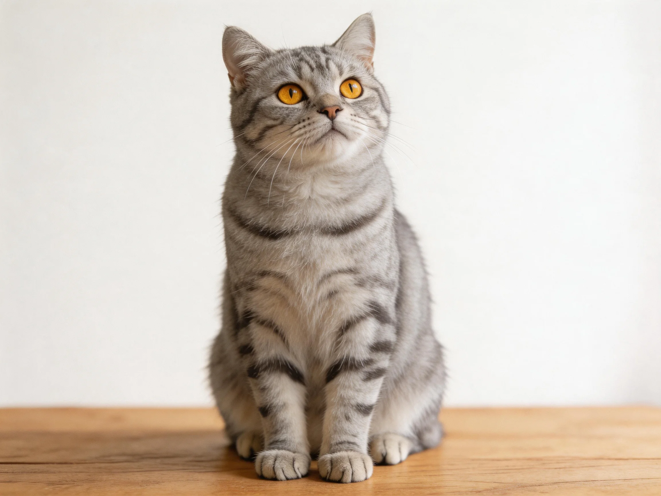 A gray tabby cat sits calmly on a wooden surface with a white backdrop