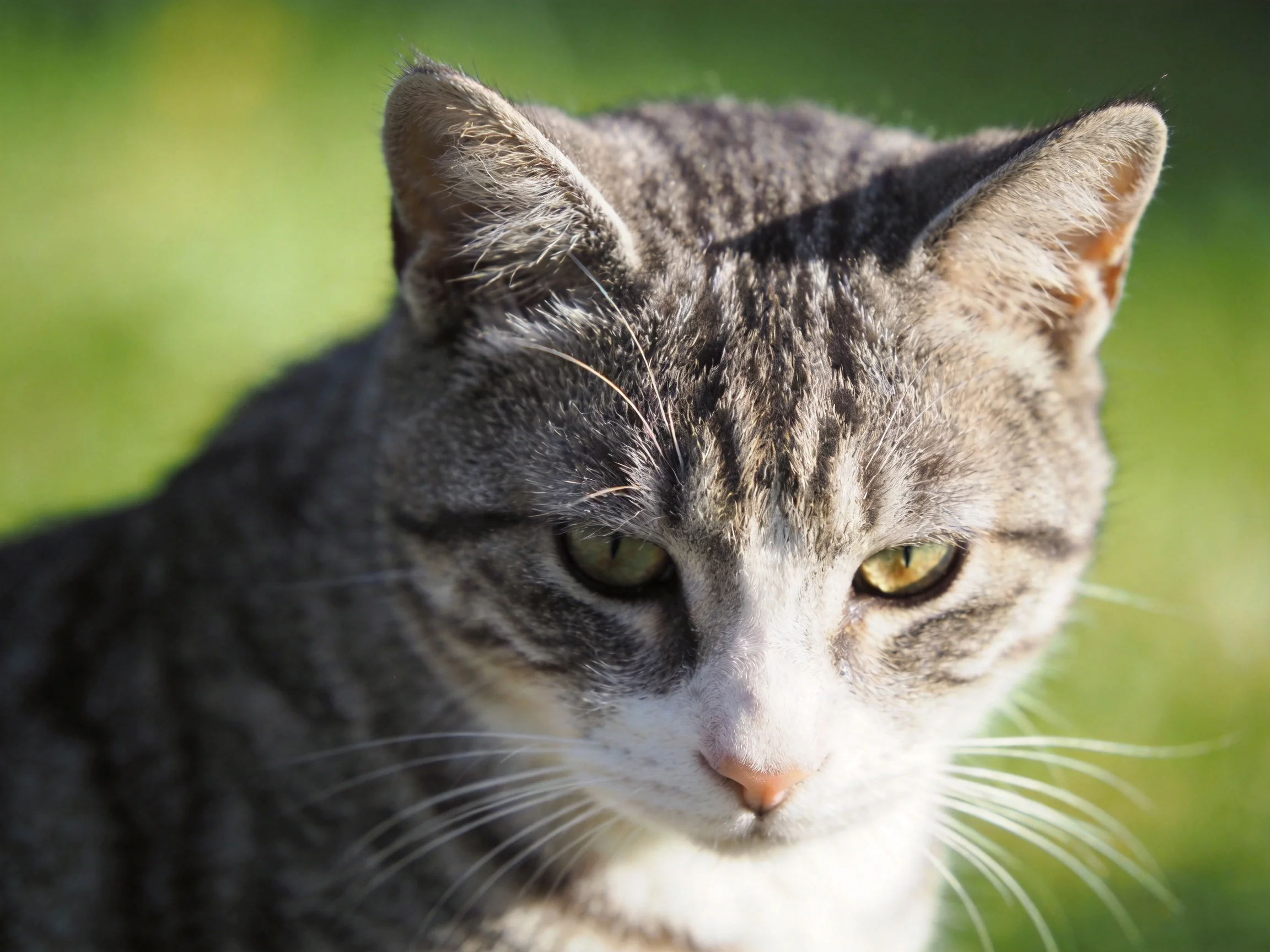 A gray tabby cat calmly observes its surroundings in bright daylight.