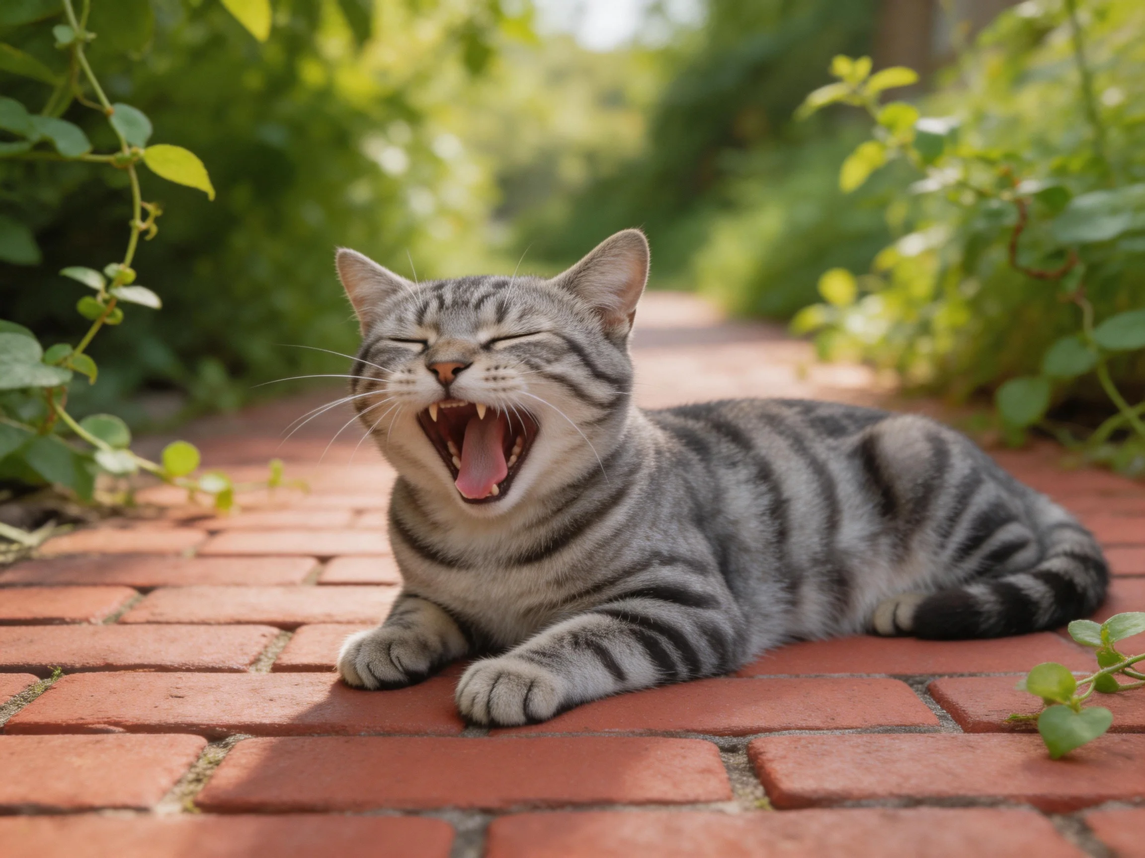 A gray tabby cat yawning on a red brick path amid lush greenery