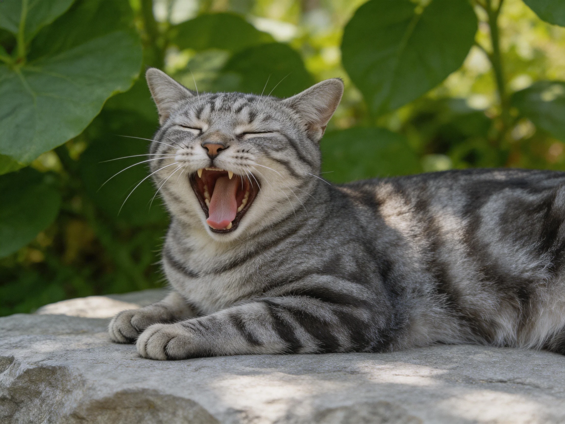 A gray tabby cat yawns widely while resting on a stone in a sunlit garden.