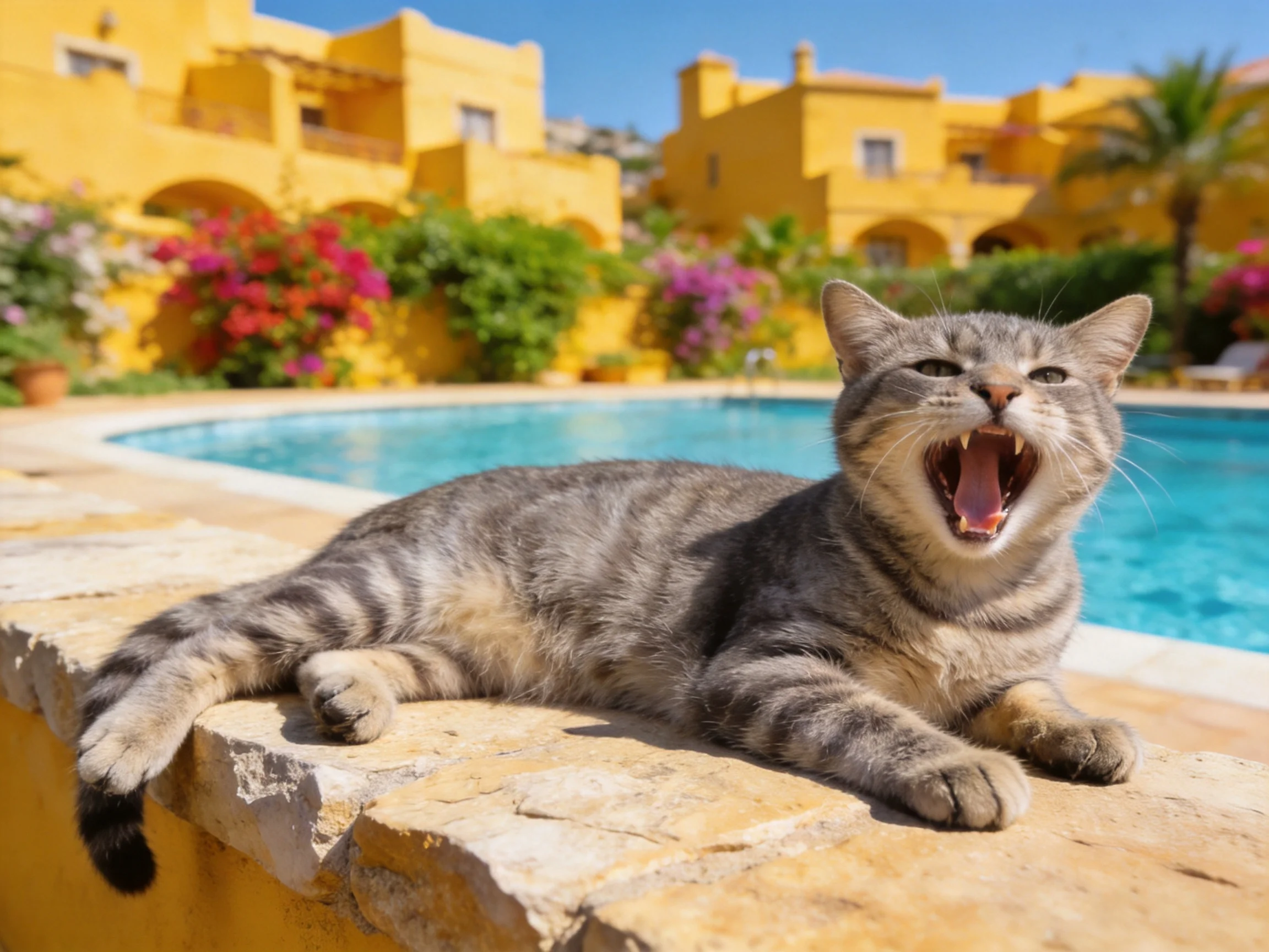 A gray tabby cat yawns by a swimming pool near yellow Mediterranean buildings